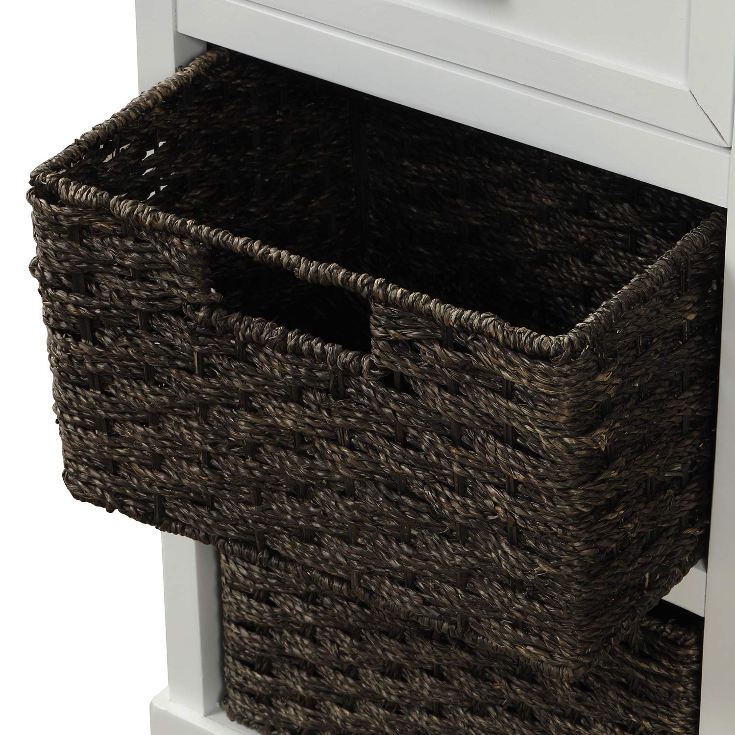 Rustic White Storage Cabinet with 2 Wood Drawers & 4 Wicker Baskets - Organizer for Home, Kitchen, Entryway, Living Room | Perfect for Home Decor, Clutter Control & Small Space Storage Solutions