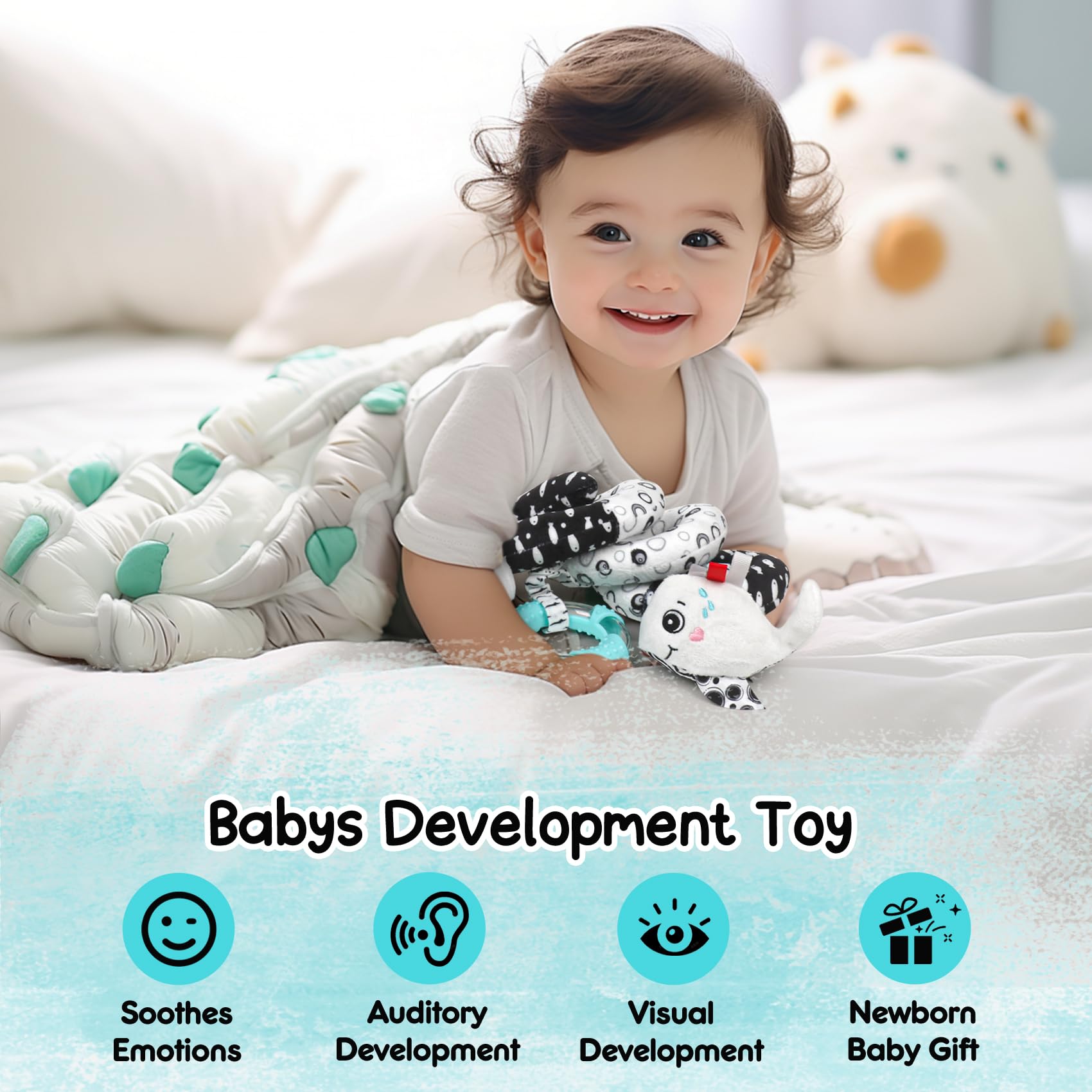 Black and White High Contrast Sensory Toys for Babies - Spiral Hanging Stroller & Car Seat Plush Activity Toy | Newborn Developmental Gift for Baby Shower, Easter Basket, Birthday Party Favors | Perfect for Visual Stimulation and Early Learning