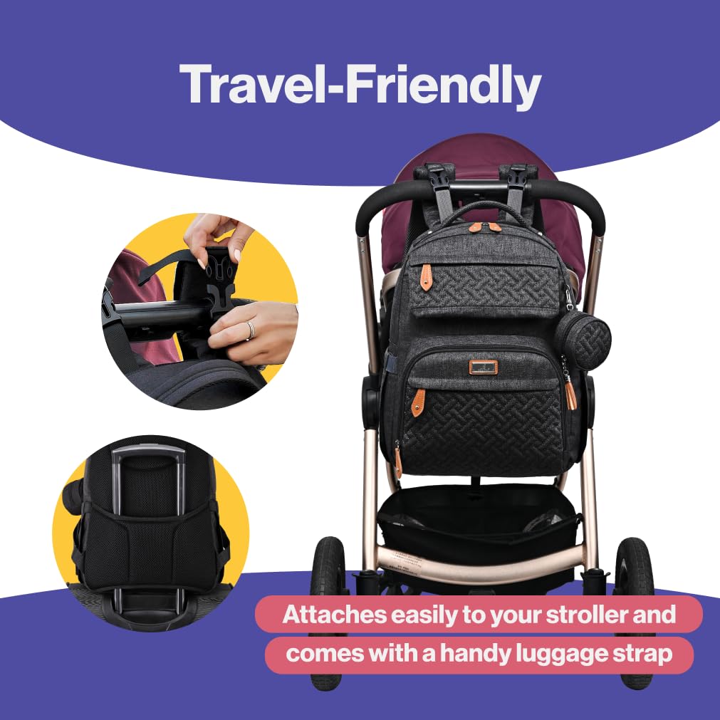 BabbleRoo Waterproof Diaper Bag Backpack for Travel - Multifunctional Baby Carrier with Changing Pad, Pacifier Case & Stroller Straps - Unisex Black Backpack for Parents, Daycare & Family Outings