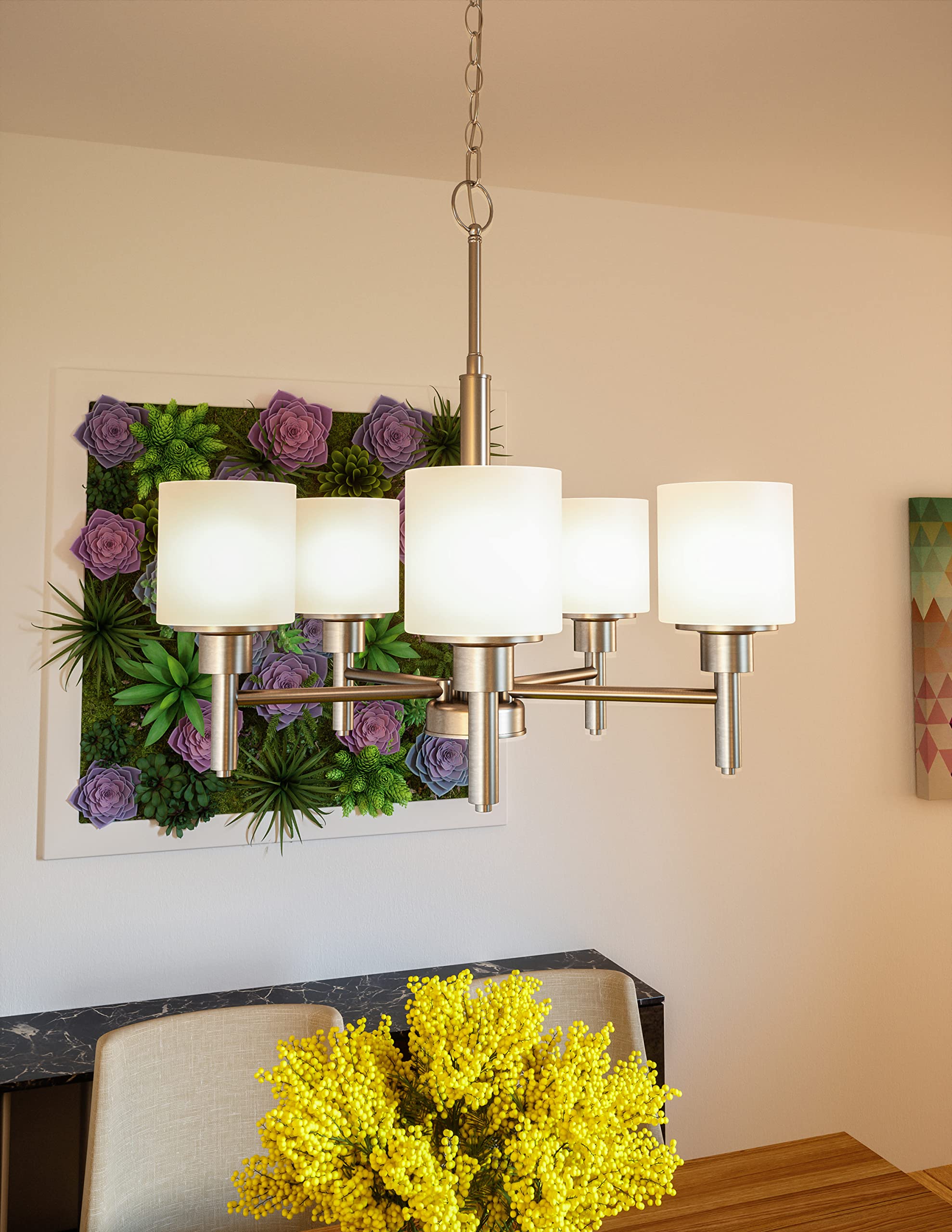 Design House 556639 - 5-Light Chandelier in Satin Nickel with Frosted Glass Shades, Dimmable Lighting Fixture for Dining Room, Foyer, Kitchen | Elegant Ceiling Light for Home Decor, Wedding Venues & Restaurants