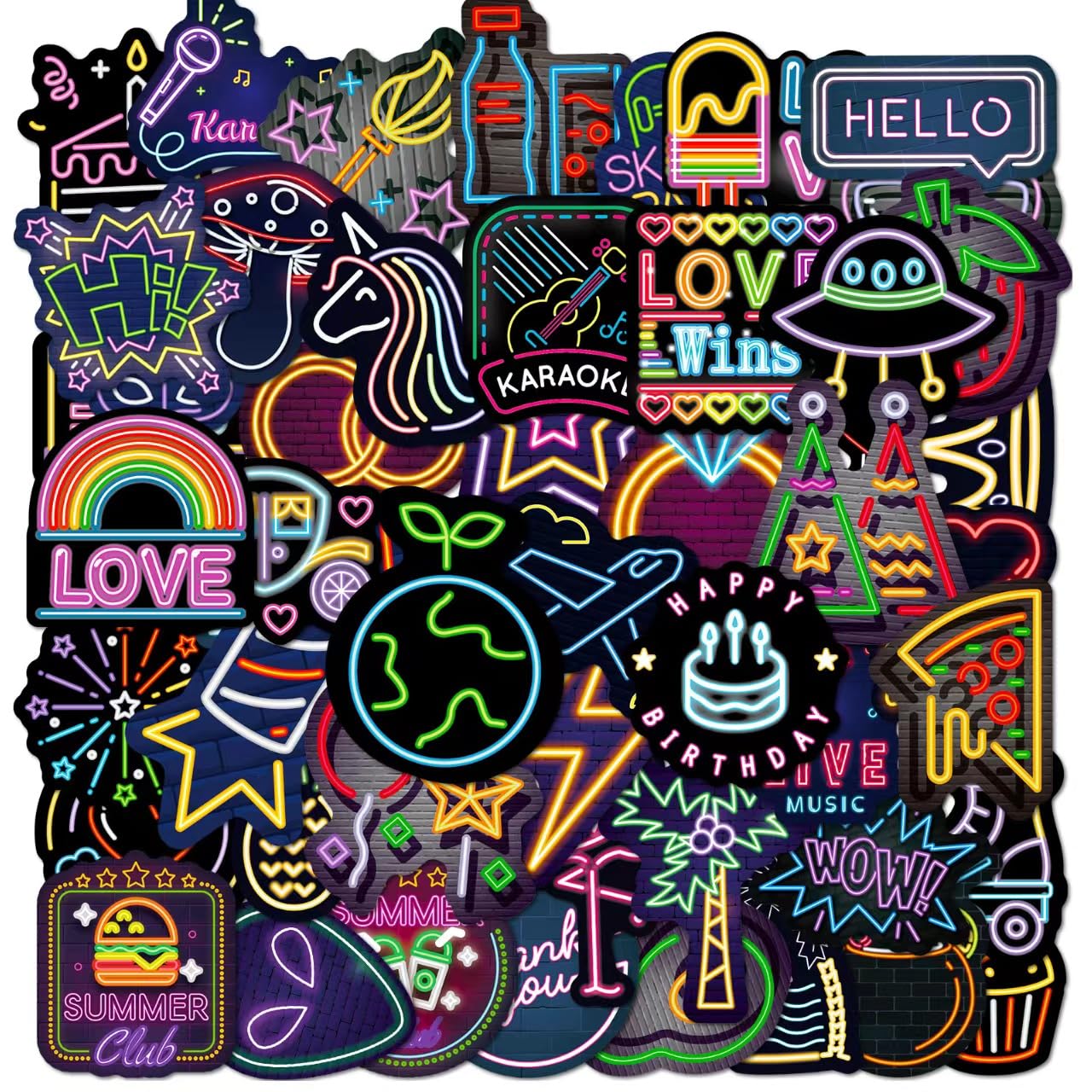 200pcs Neon Stickers - Waterproof Vinyl Decals for Water Bottles, Skateboards, Laptops, Luggage - Cool Sticker Pack for Teens, Kids & Adults - Perfect for DIY Crafts, Christmas Party Favors & Personalizing Belongings