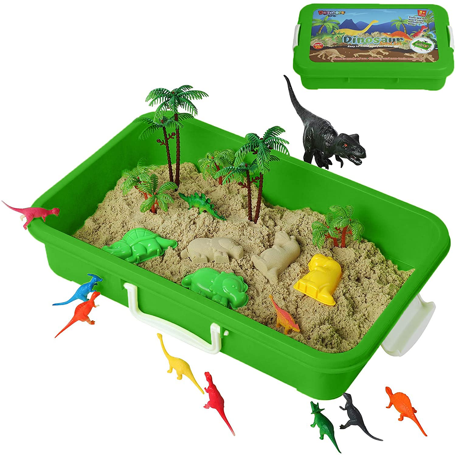 Dinosaur Play Sand Kit - 2 Bags of Non-Toxic Sensory Sand & 34-Piece Dino Toy Set with Bin, Lid, Figures, Molds & Accessories - Mess-Free Wet Sand Feel - Perfect for Kids Sensory Play, Preschool Learning & Indoor/Outdoor Sandbox Activities