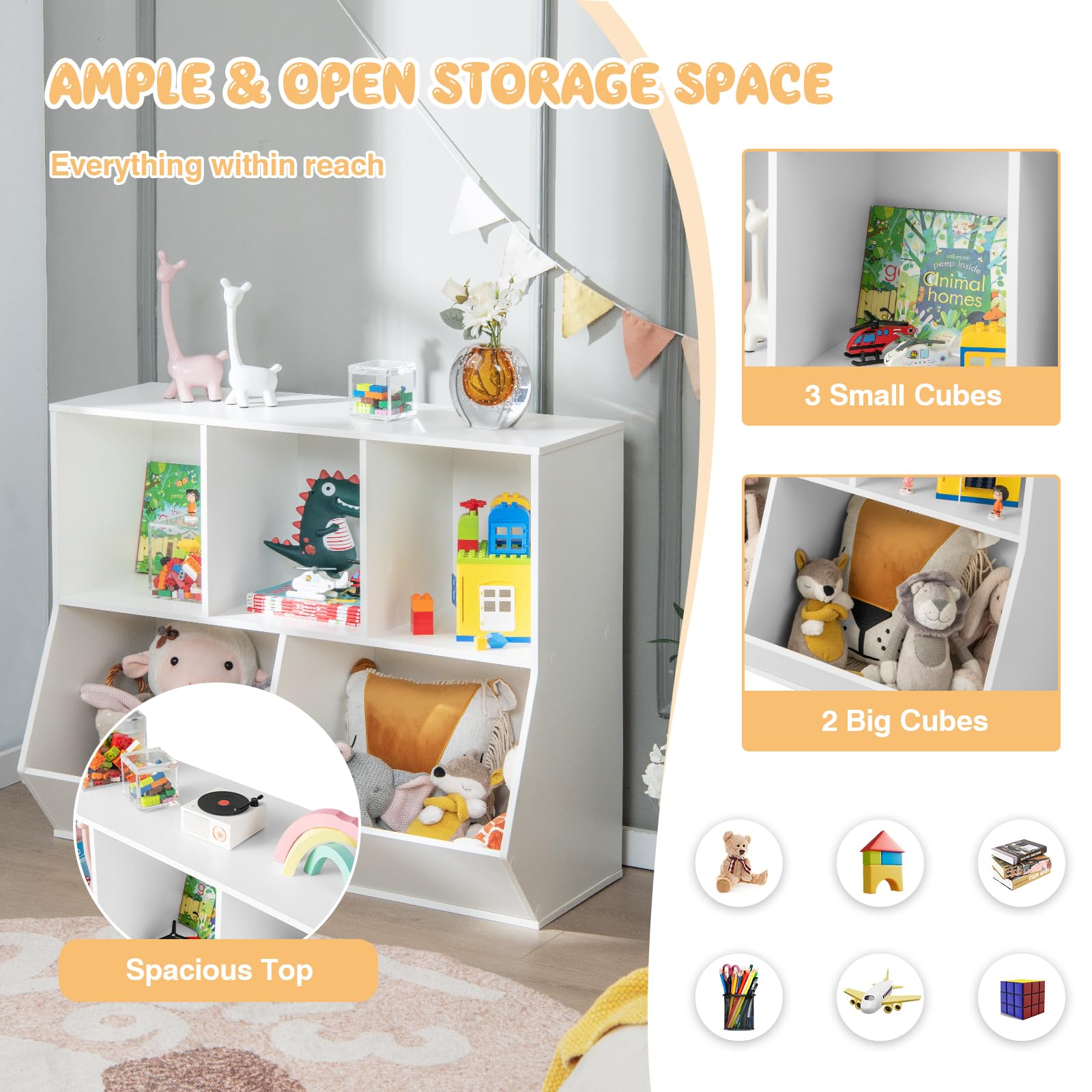 5 Cubby Open Wooden Kids Bookshelf & Toy Organizer - Toddler Playroom Storage for Bedroom, Nursery, and Daycare Organization