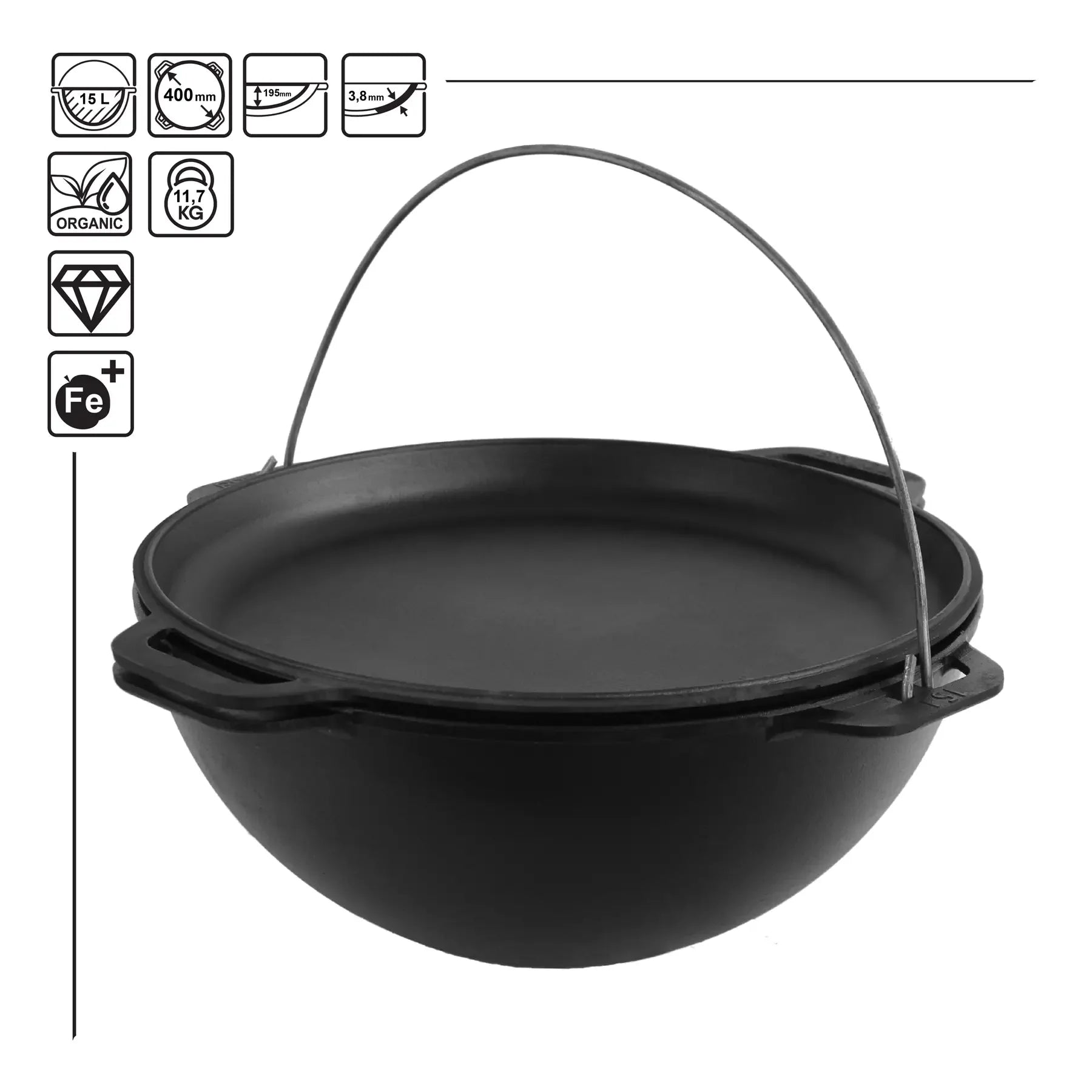 15.85 Quart Combo Cooker Cauldron Asian Kazan with Frying Pan Lid - Dutch Oven for Camping, Outdoor Cooking & Asian Cuisine