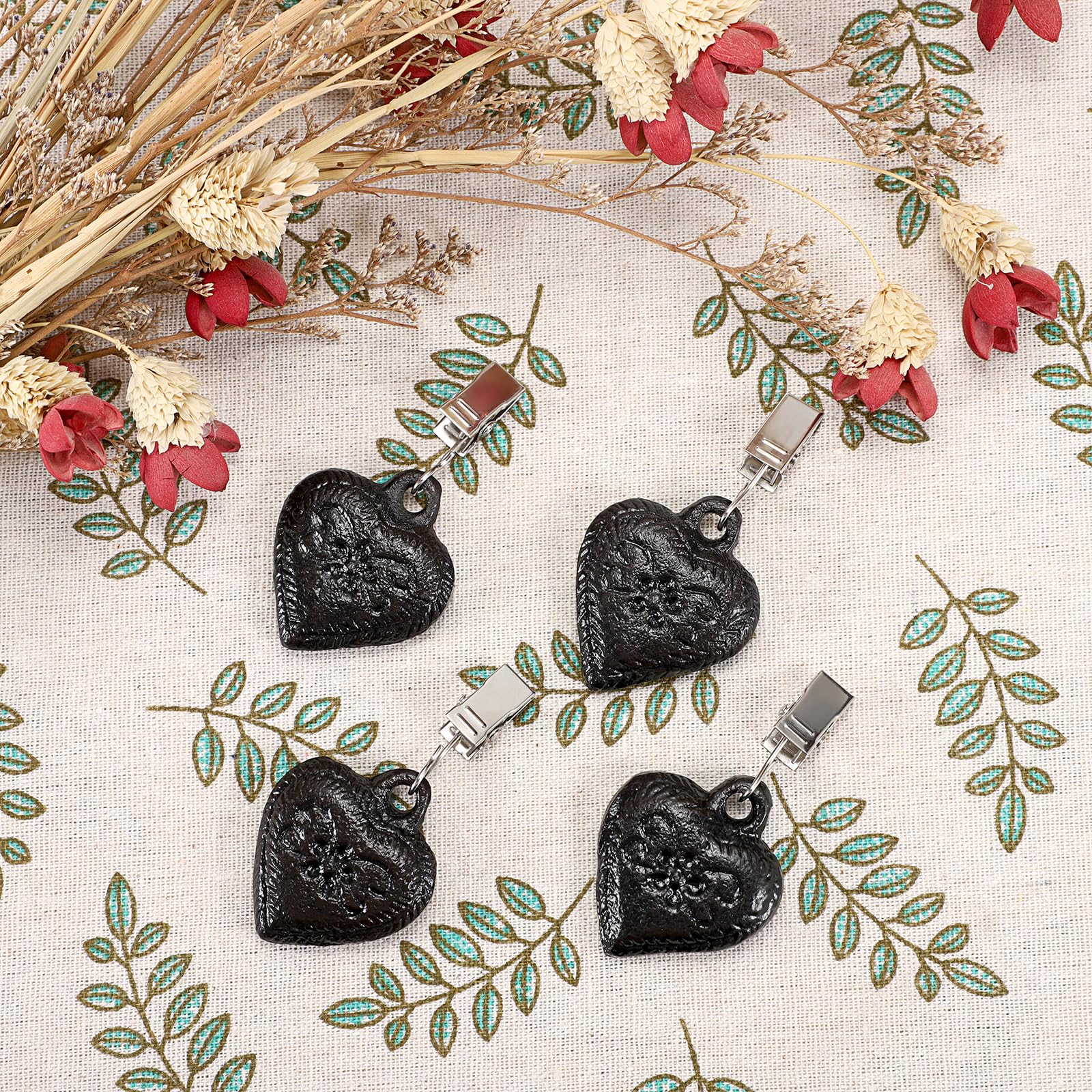 Heavy Duty Set of 4 Cast Iron Heart Shaped Tablecloth Weights - Windproof Outdoor Flag & Curtain Clips, Black Metal Garden Patio Picnic Accessories for Securing Table Covers, Blankets & Decorations