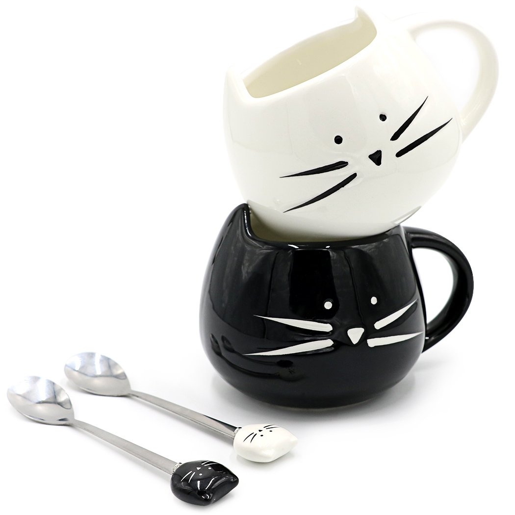 Teagas Cat Coffee Mugs Set - 12oz Black & White Ceramic Cat Mug with Cute Cat Spoon for Tea & Coffee Lovers | Perfect Gift for Crazy Cat Lady | Ideal for Home, Office & Cat-Themed Parties