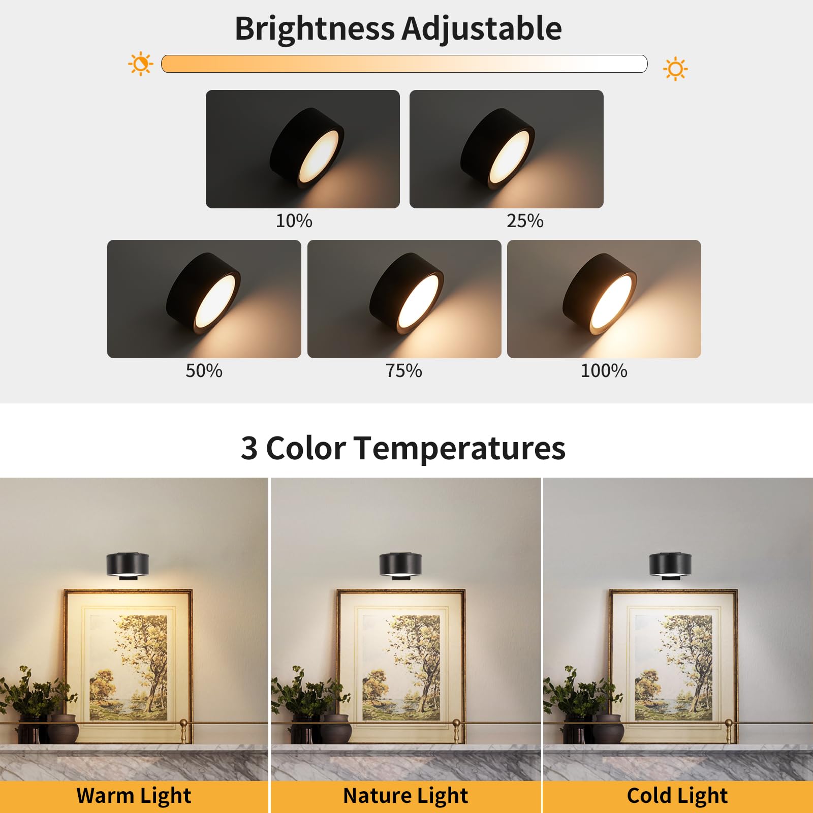 3 Pack Battery Operated LED Picture Lights for Wall Art - Wireless Magnetic Gallery Lighting with 3 Modes, Dimmable & Timer Function - Perfect for Paintings, Posters, Photos & Home Decor (Black)