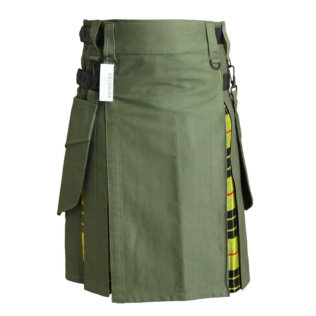 Hybrid Kilt Olive Green Tartan - Traditional Scottish Utility Kilt for Men | Perfect for Highland Games, Cosplay & Outdoor Adventures