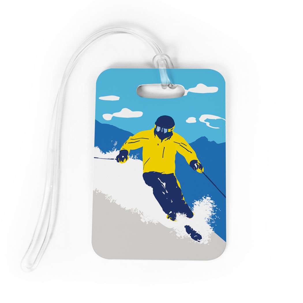 ChalkTalkSPORTS Skiing Luggage Tag - Personalized Ski Bag Tag with Custom Info - Medium Yellow Ski Gear Accessory - Perfect for Ski Trips & Winter Vacations
