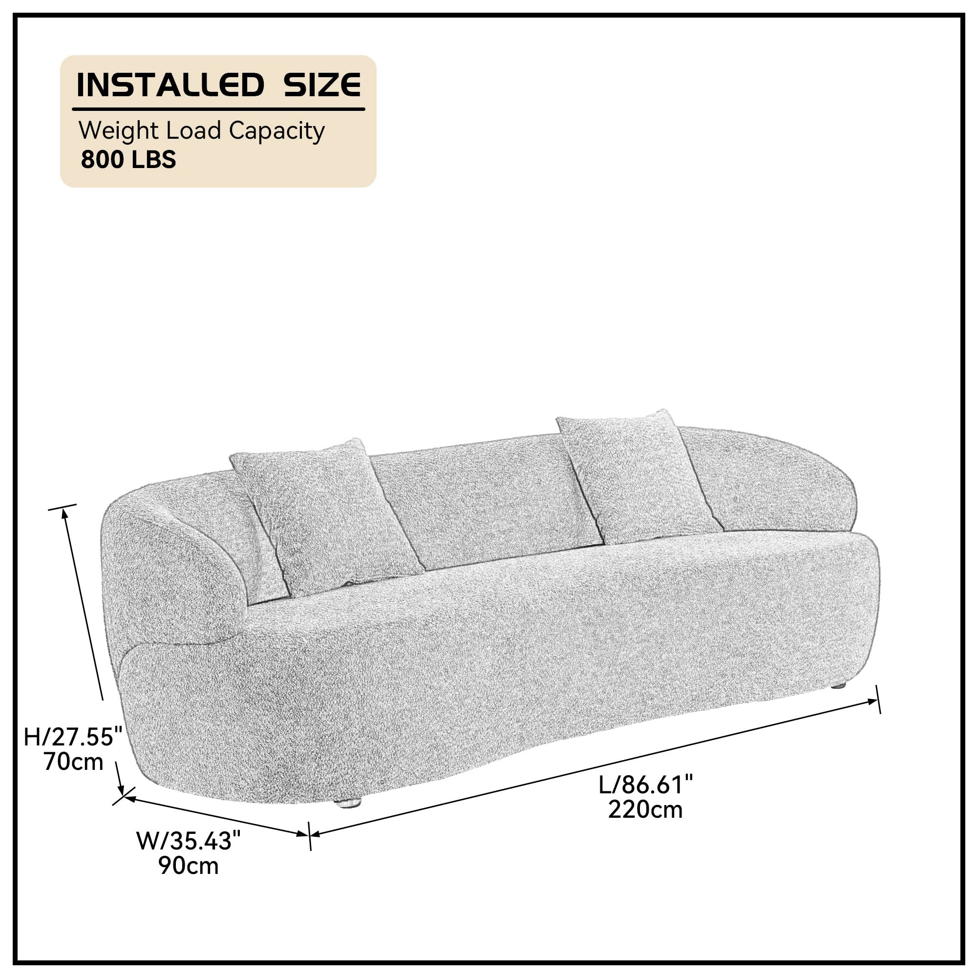 WILLIAMSPACE Modern Curved Boucle Fabric Sofa - 3-Seat Upholstered Couch with 2 Throw Pillows, Beige | Comfortable Living Room, Office & Apartment Furniture for Relaxing & Entertaining
