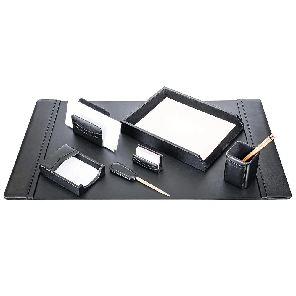 Premium Dacasso 7-Piece Black Leather Desk Set (D1004) - Executive Office Organizer with Pen Holder, Letter Tray & Notepad for Professional Workspace