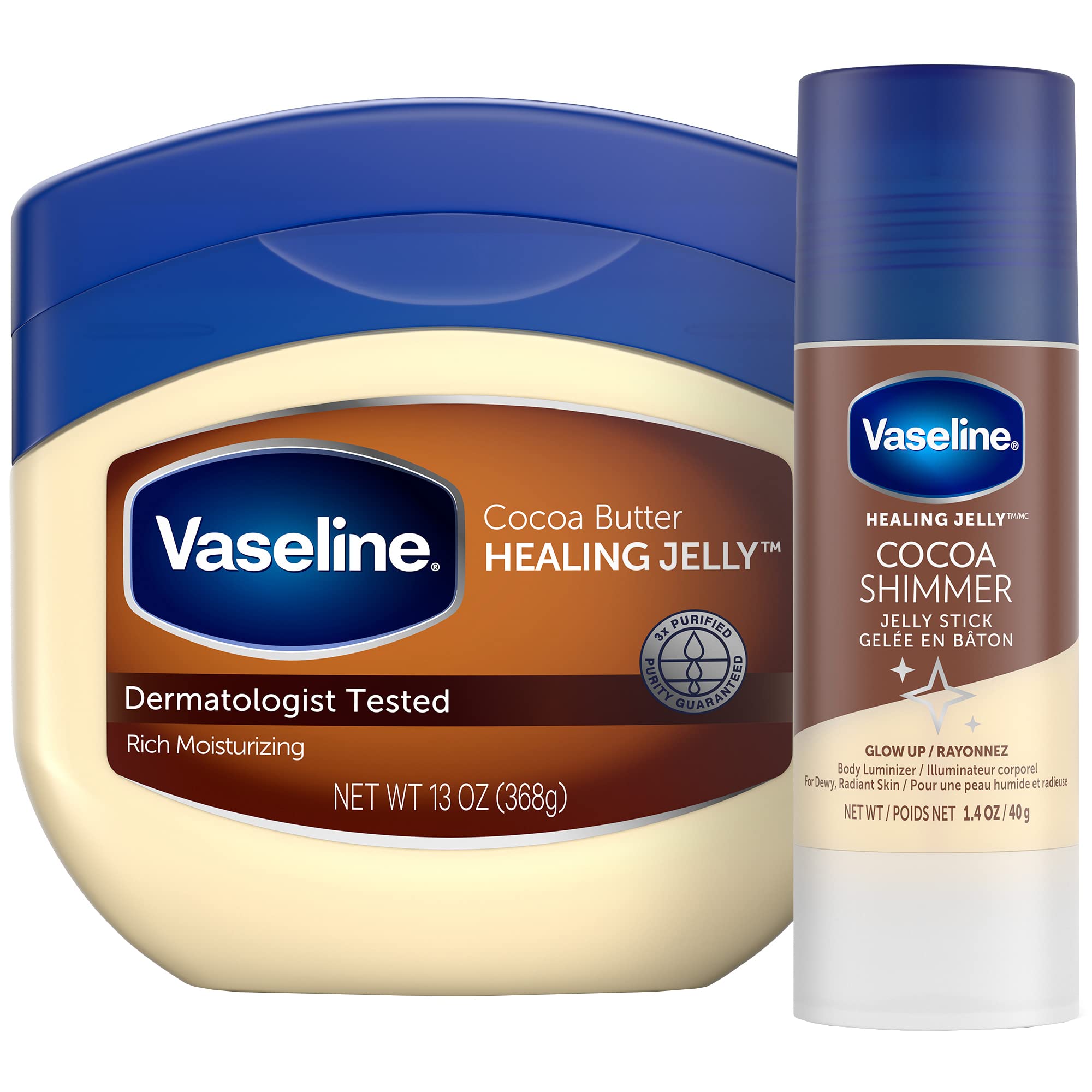 Vaseline Cocoa Butter Healing Jelly & Shimmer Stick Bundle - 13 oz Moisturizing Jelly + 1.4 oz Shimmer Stick for Radiant, Hydrated Skin | Cocoa Scented Skincare for Dry Skin Relief, Body Glow & Nighttime Moisturizing