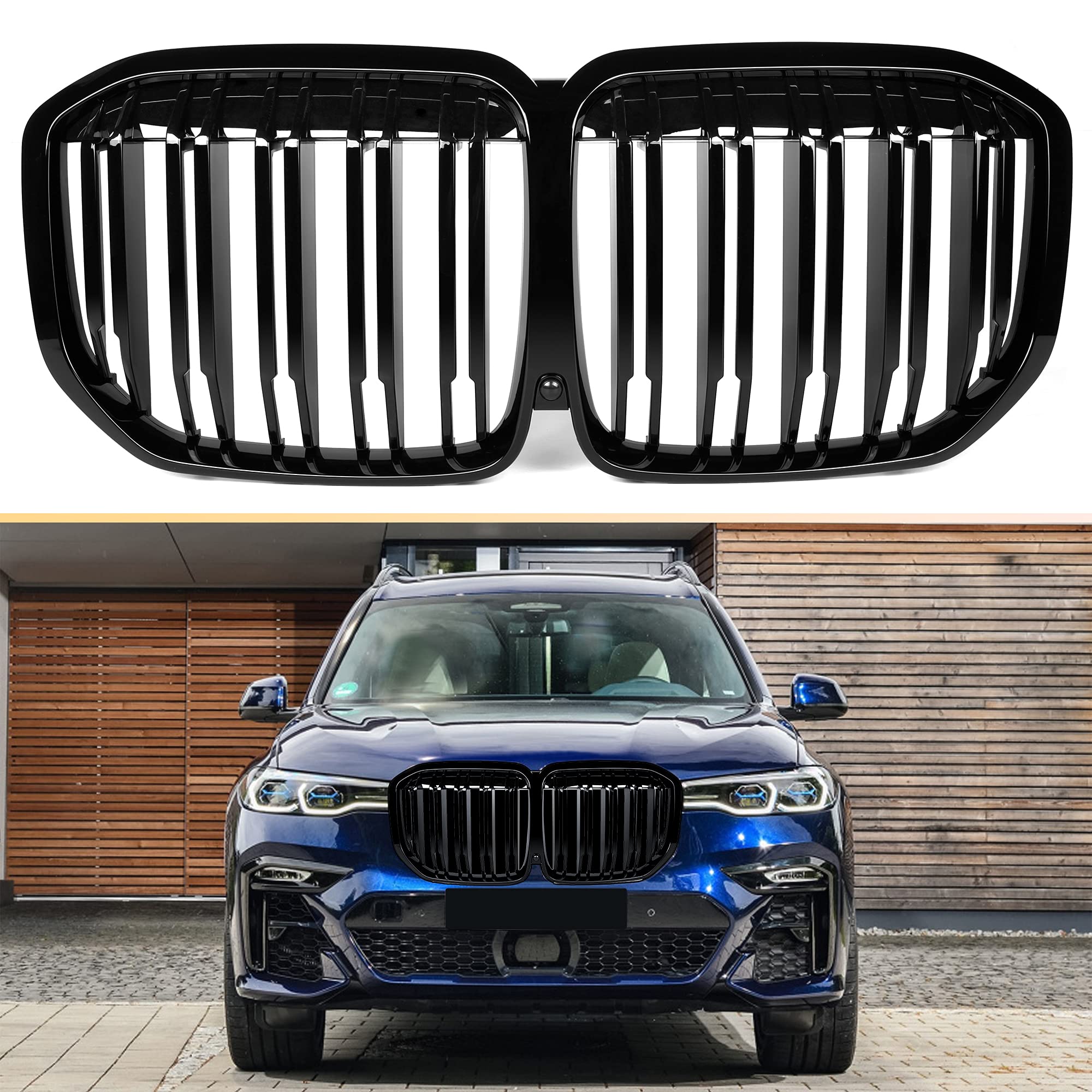 BMW X7 G07 Front Kidney Grille Replacement - Gloss Black Double Slat Grilles for 2019-2021 Models | Perfect Upgrade for Luxury SUV Styling & Car Customization