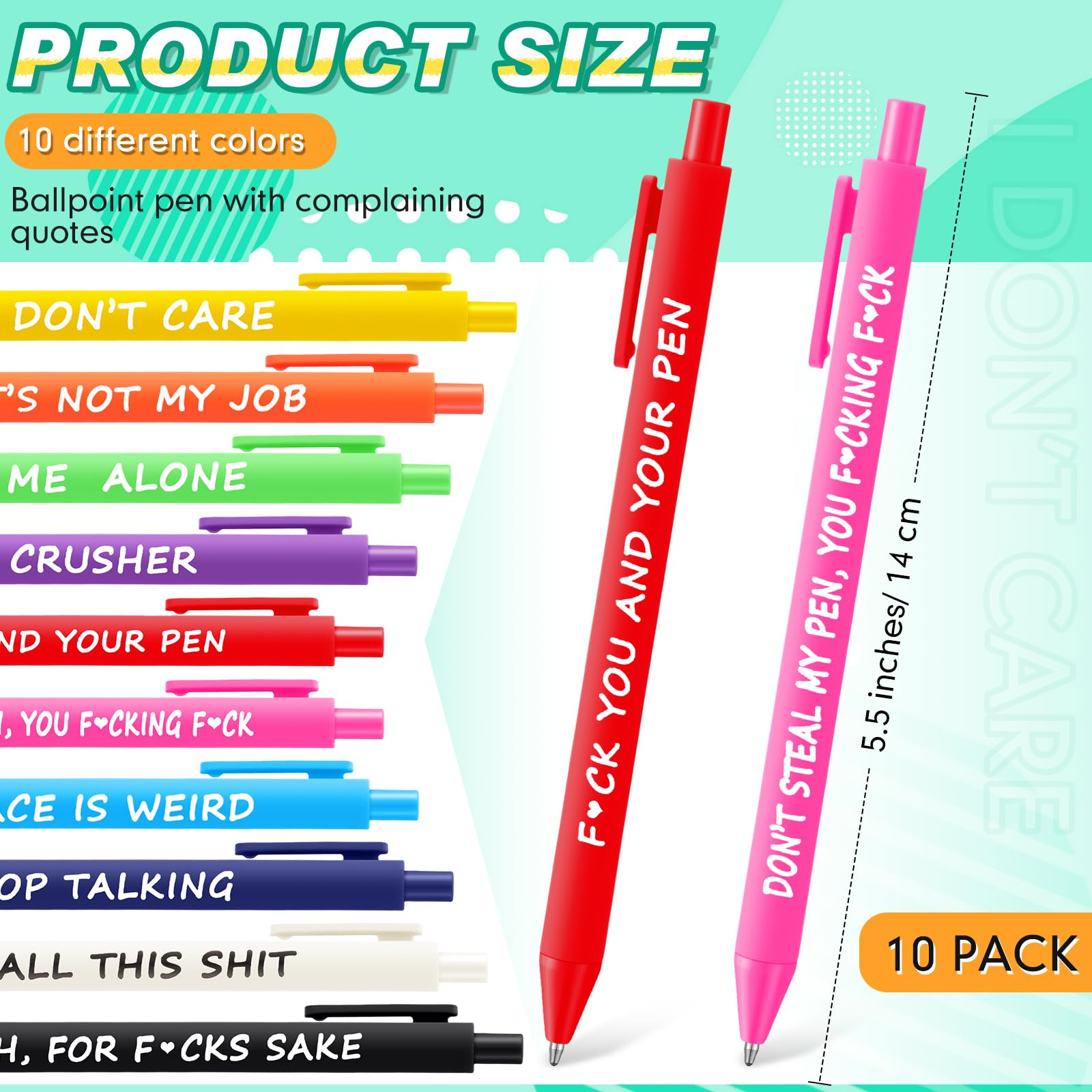 10 Pack Funny Snarky Ballpoint Pens with Negative Quotes - Black Ink Office Pens for Adults, Coworkers, Graduation Gifts - Perfect for Easter Basket Stuffers, Office Humor & Work Desk Accessories
