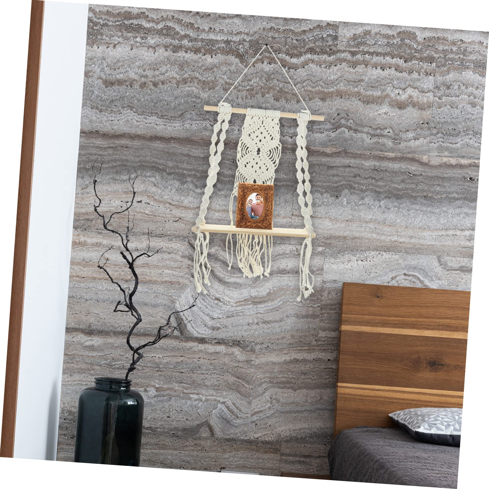KITANDOVE Macrame Wall Shelf - Single Tier Wooden Bathroom Shelf for Plants, Towels & Decor | Perfect for Small Spaces, Farmhouse & Boho Style Homes