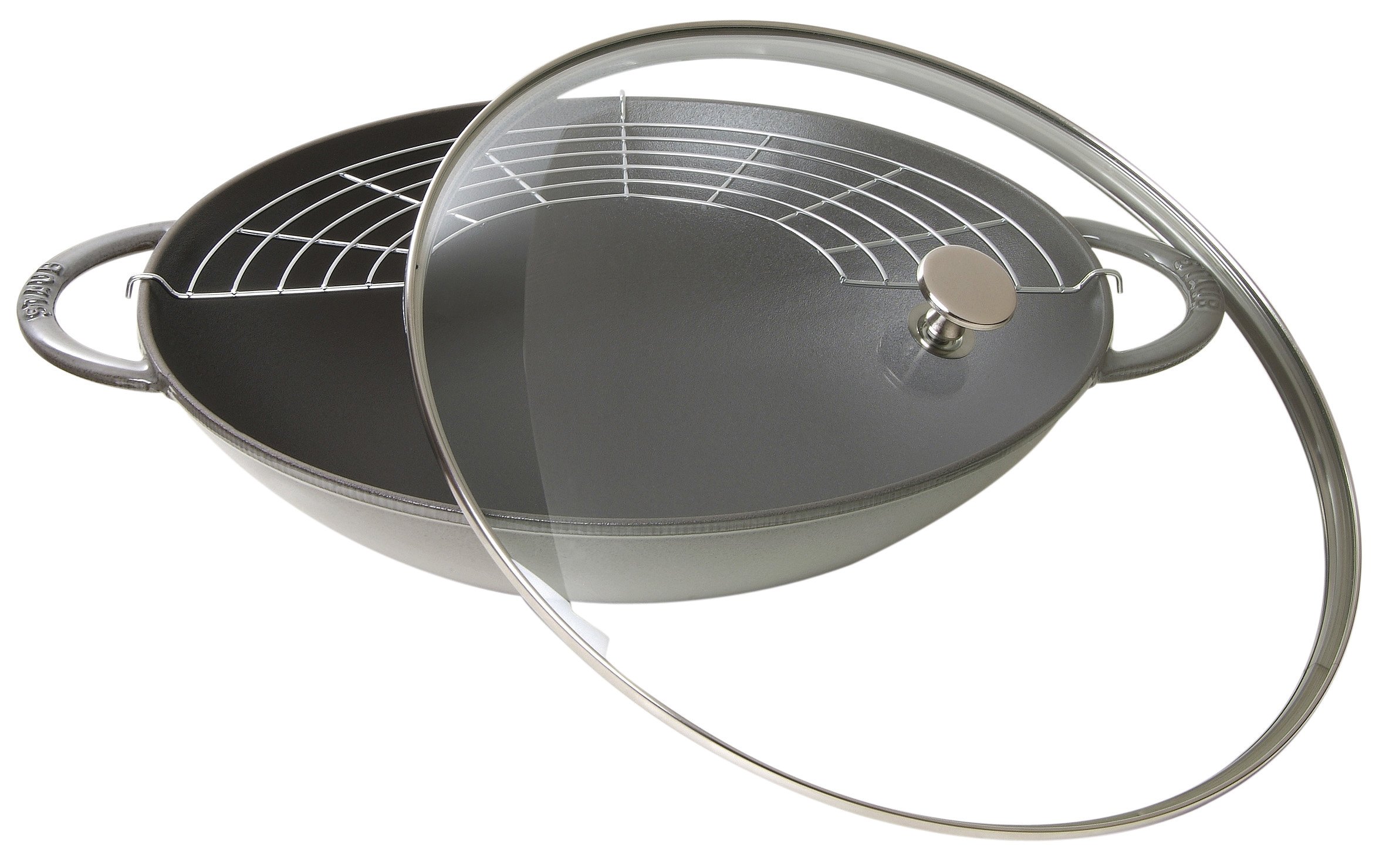 Staub 40509-336 14.6 Inch (37 cm) Gray Enameled Cast Iron Wok with Glass Lid - Induction Compatible Chinese Stir Fry Pan with Tempura Grill - Perfect for Asian Cooking, Stir Frying & Deep Frying at Home