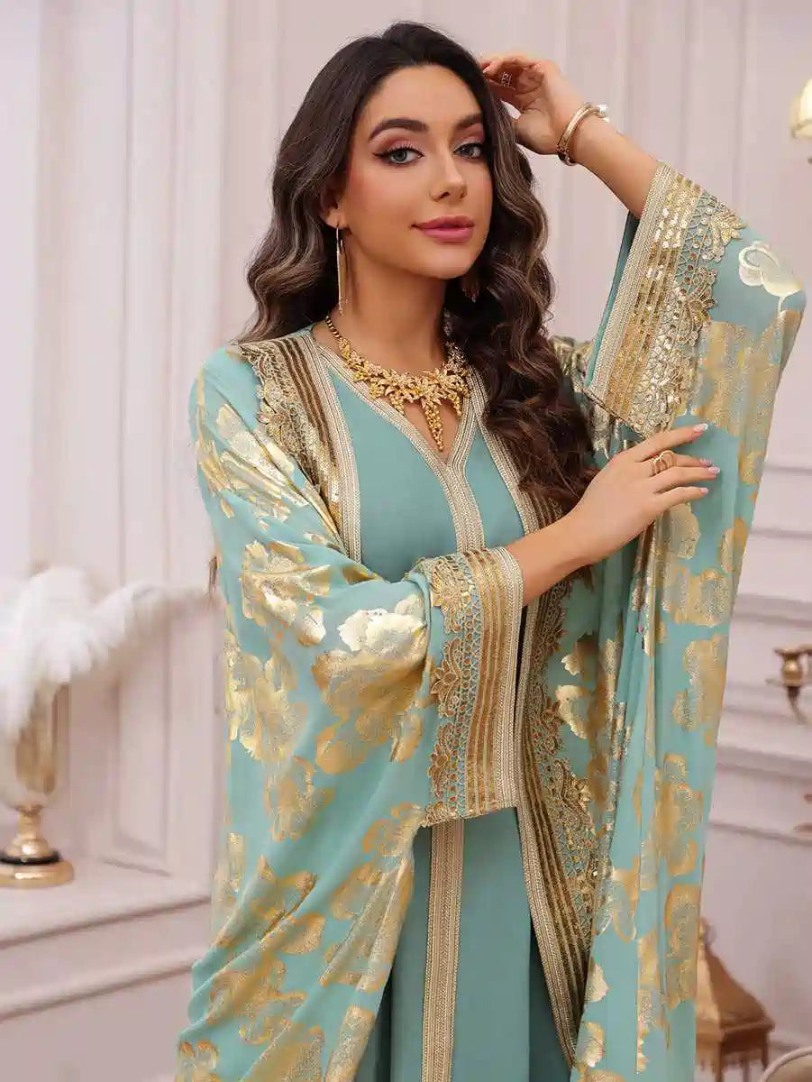 Urgarment 2 Piece Elegant Bronzing Eid Dress Set - Caftan with Inner Sleeveless Dress #25473 | Perfect for Eid Celebrations, Weddings & Special Occasions