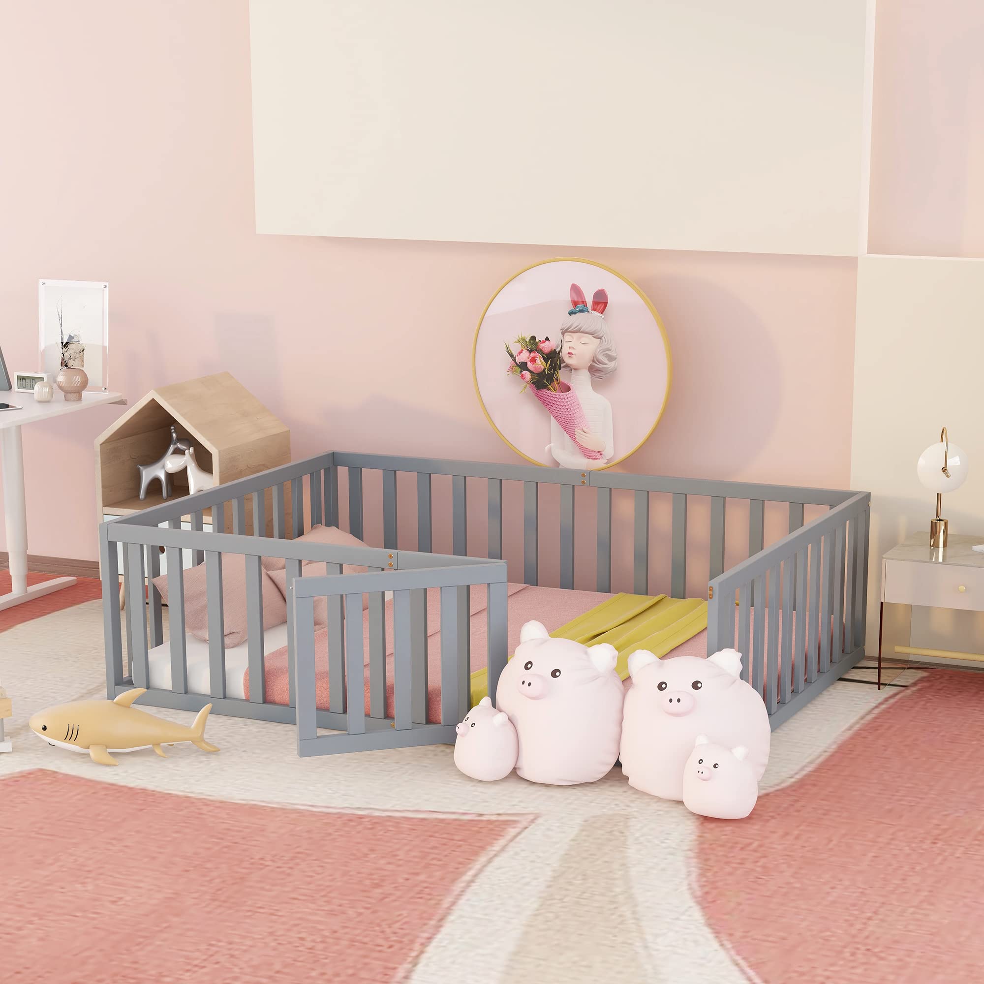 SOFTSEA Toddler Floor Bed with Safety Fence - Low Profile Full Size Kids Bed Frame with Spring Support - Perfect for Montessori Rooms, Daycare Centers & Safe Sleep Spaces