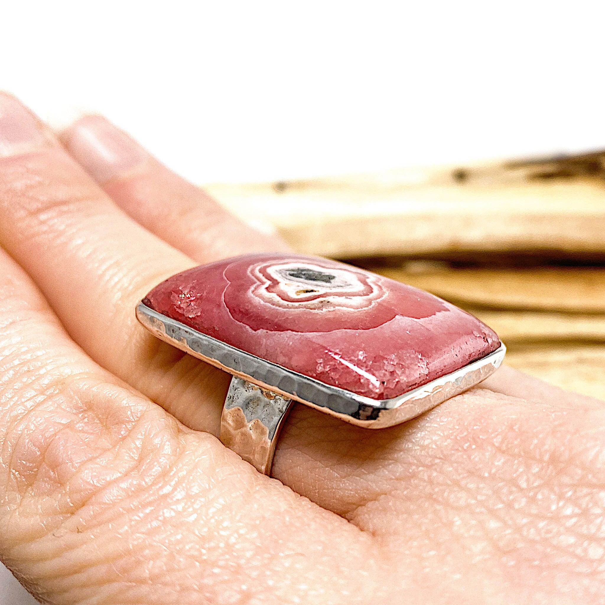 Rhodochrosite Rectangular Cabochon Ring with Beaten Band - Size 11 (KRGJ1226) - Perfect for Boho Jewelry & Gift Giving