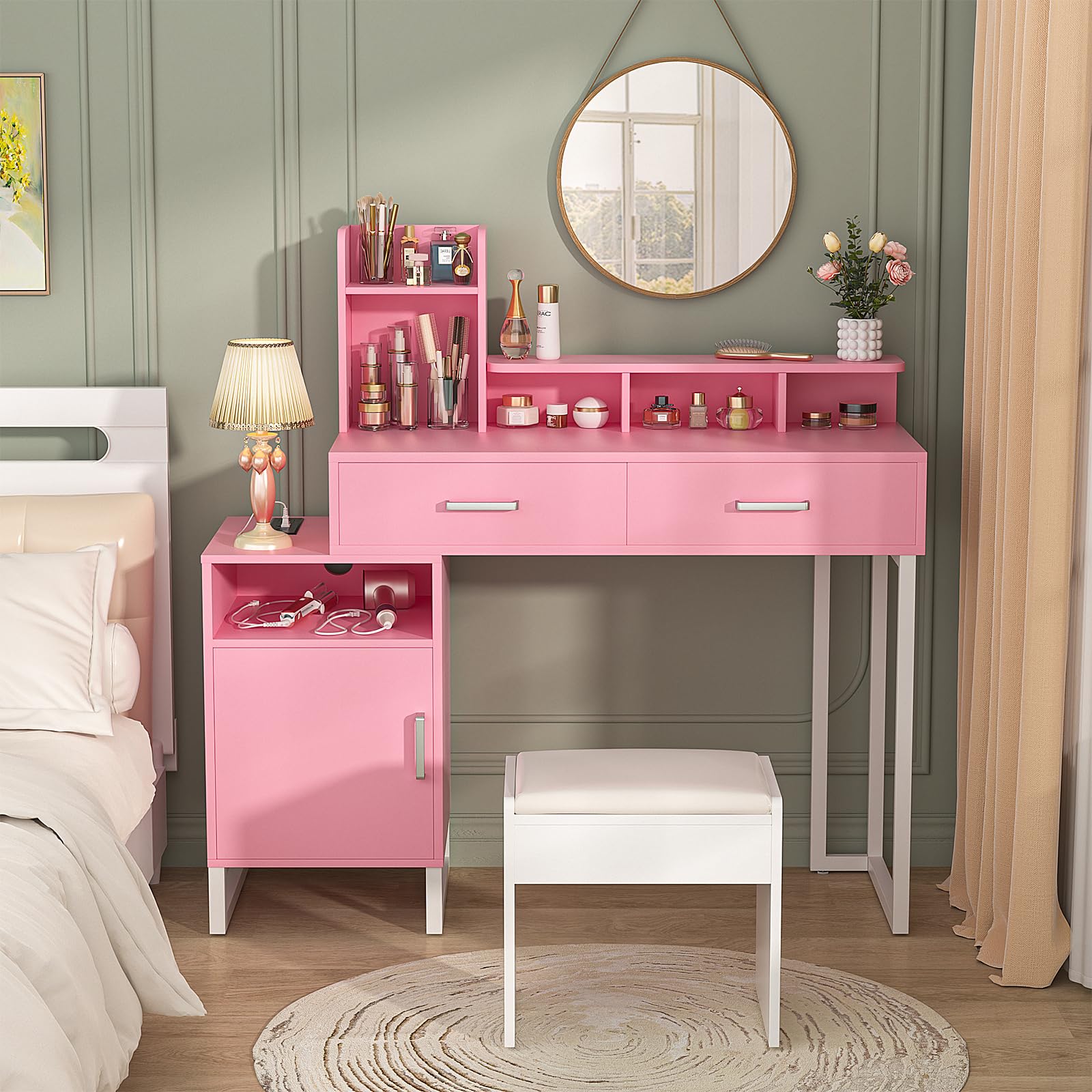 Pink Vanity Desk with Power Outlet & Storage - Small Makeup Desk with Drawers, Cabinets & Shelves for Bedroom Organization | Perfect for Cosmetics, Jewelry & Beauty Essentials