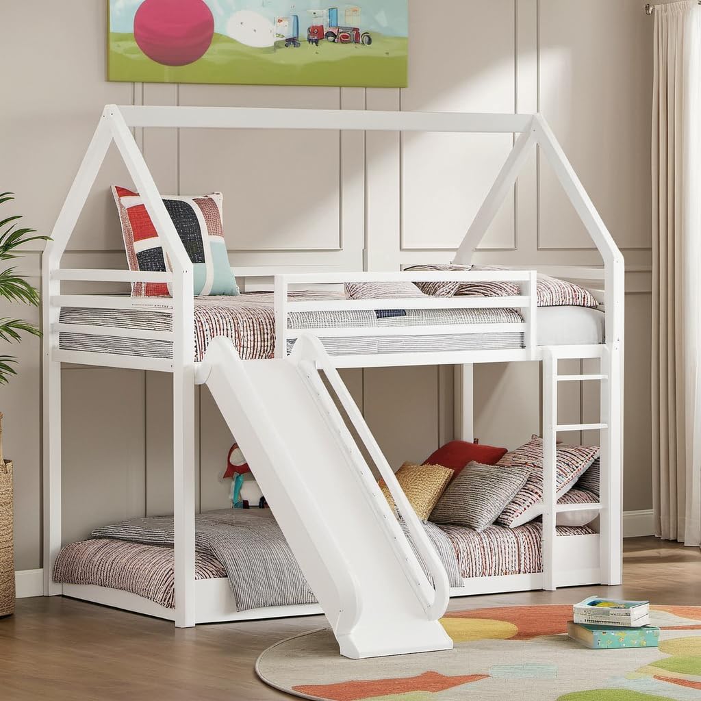Twin Over Twin Bunk Bed with Slide for Kids - Sturdy Metal Bunk Bed Frame with Roof Design, Full-Length Guardrail & Ladder - Fun House Bed for Boys and Girls - No Box Spring Needed - White - Perfect for Kids' Bedrooms, Playrooms & Sleepovers