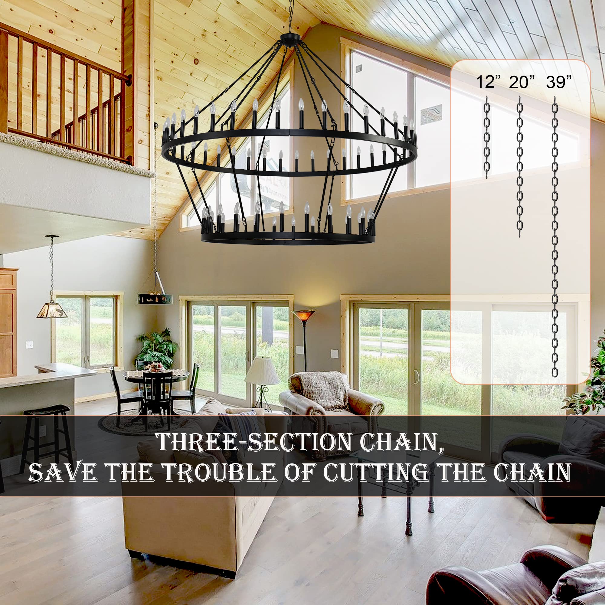 70 Inch Extra Large Wagon Wheel Chandelier - 2 Tier 64-Lights Black Farmhouse Pendant Light Fixture, Round Rustic Hanging Ceiling Light for Dining Room, Living Room, Foyer & High Ceiling Spaces