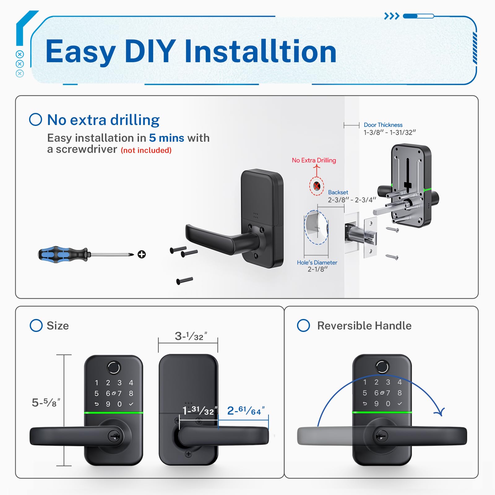 Kucacci Keyless Entry Smart Door Lock with Keypad & Fingerprint - Digital Electronic Deadbolt Alternative for Front Door - Secure Home Access for Families, Renters & Airbnb Hosts (Easy Installation, No Wiring)