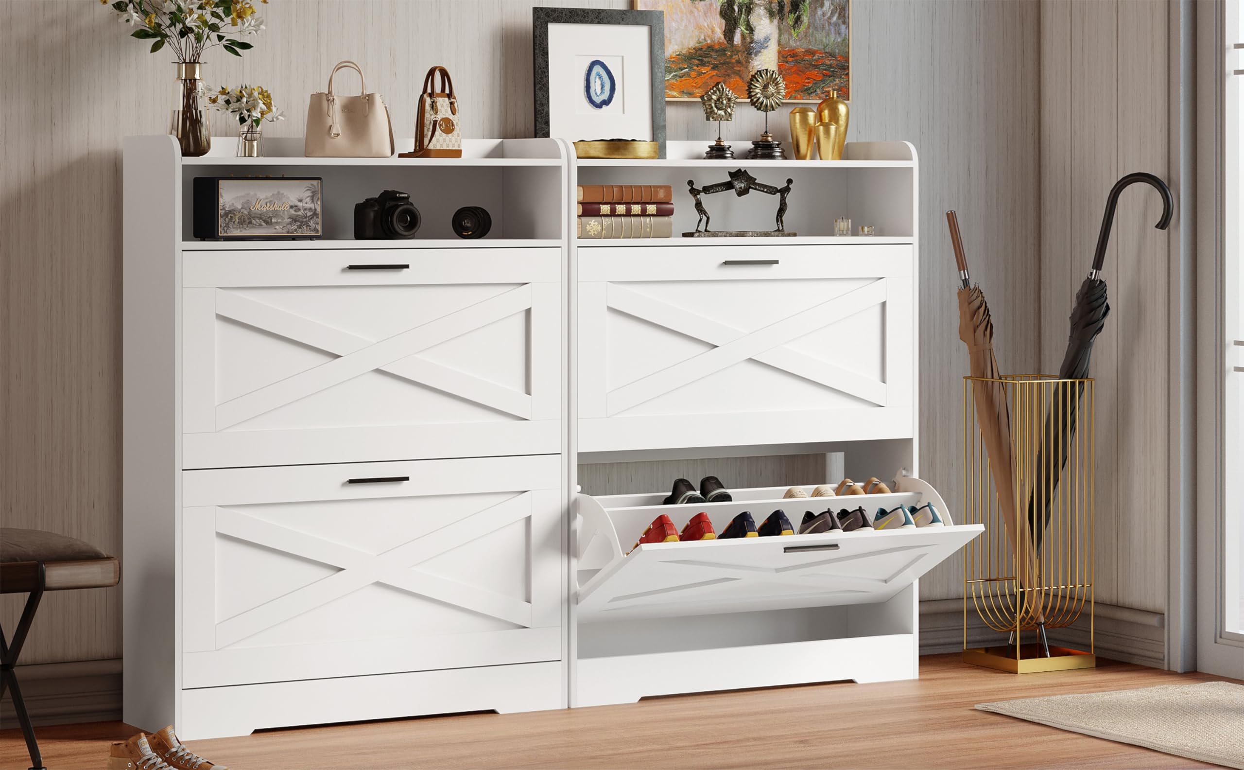 Large Shoe Cabinet with 2 Flip Drawers - Free Standing Tipping Bucket Shoe Rack Organizer for Entryway, Hallway, Bedroom - Modern Shoe Storage Furniture (White) - Perfect for Small Spaces & Home Organization