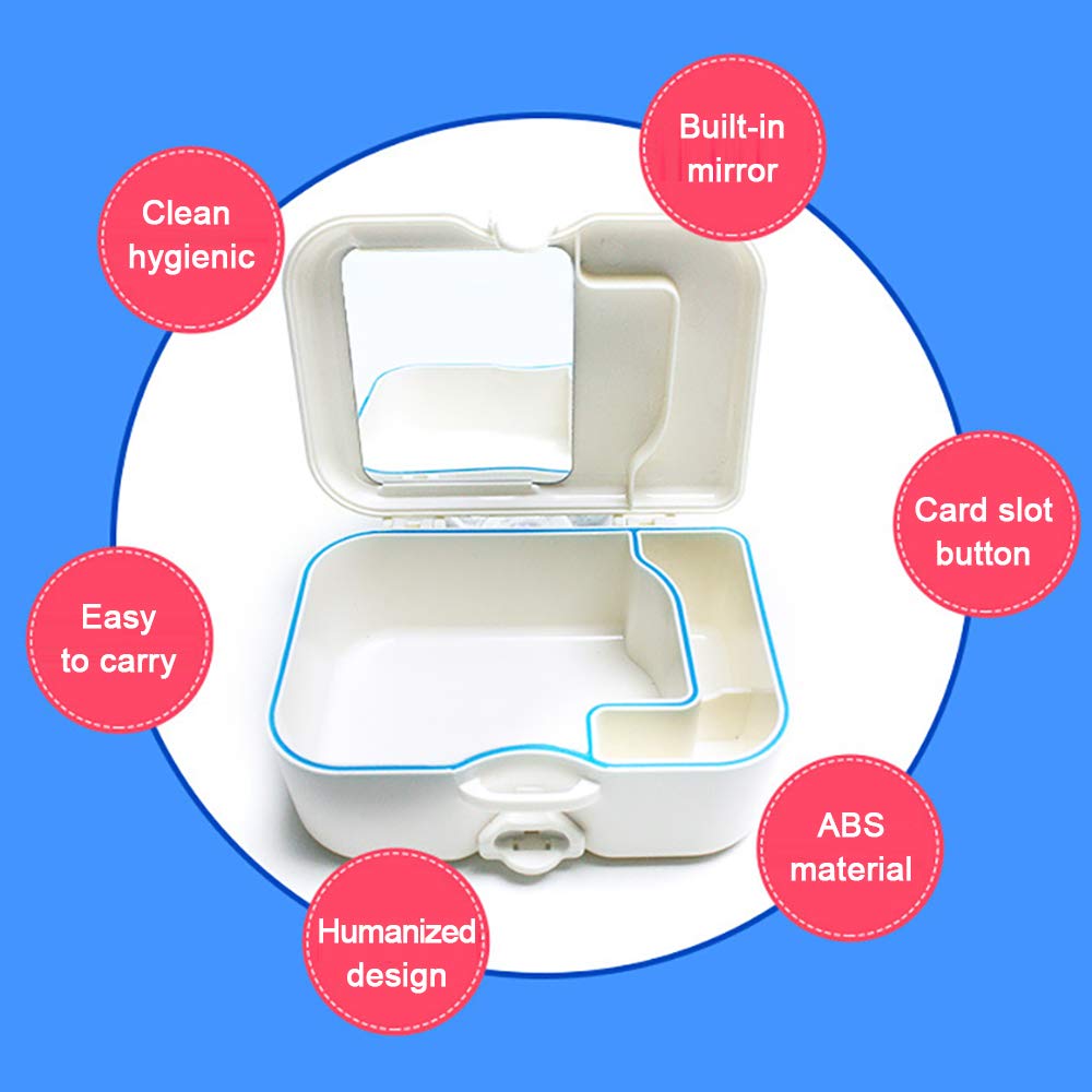 Denture Storage Box with Mirror & Cleaning Brush - Orthodontic Teeth Case, Retainer Cleaning Box for Dentures & Aligners - Perfect for Travel, Home & Daily Dental Care