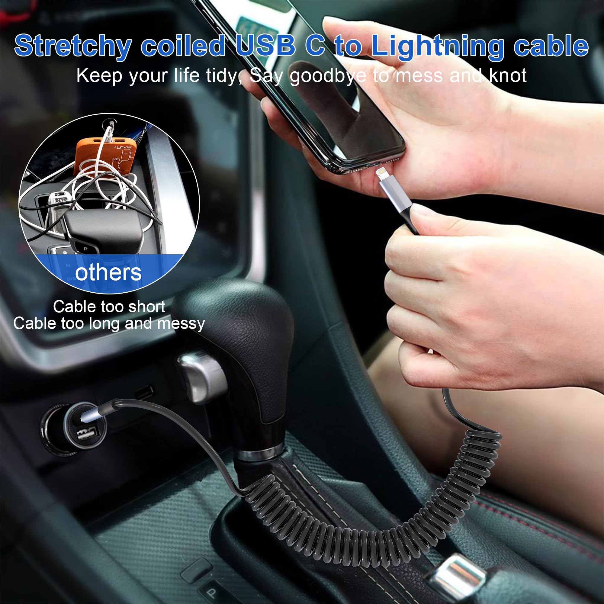 MFi Certified Coiled USB-C to Lightning Cable - Fast Charging & Data Sync for iPhone, iPad, iPod - Short Retractable Apple CarPlay Compatible Cord (Perfect for Car, Home & Office Use)