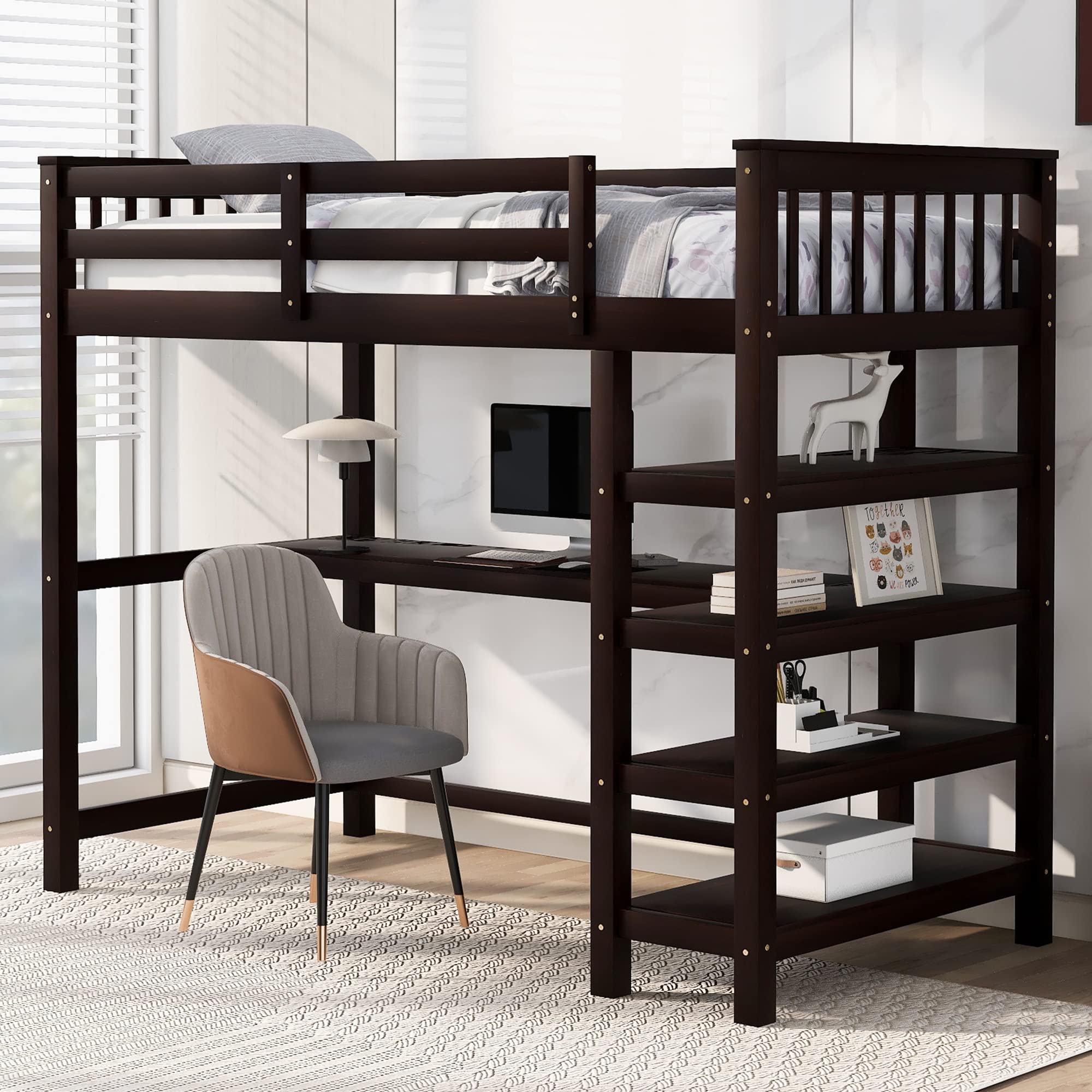 Harper & Bright Designs Twin Size Loft Bed with Desk - Wooden Study Loft Bed with Storage Shelves for Kids & Teens - Space-Saving Bedroom Furniture for Small Rooms - No Box Spring Needed - Espresso Finish - Perfect for Dorm Rooms, Studio Apartments & Kids' Bedrooms