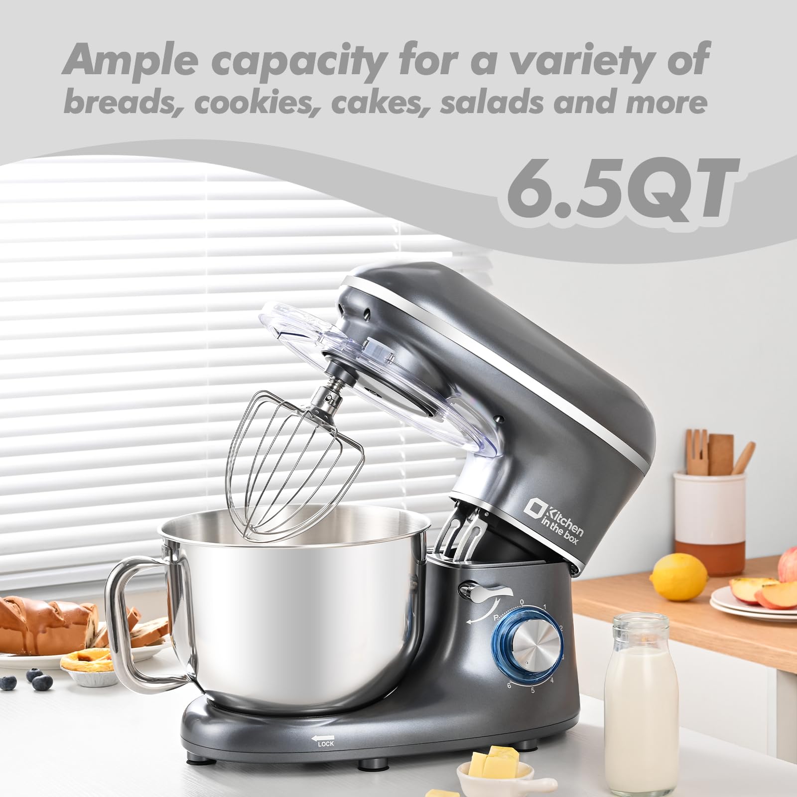 6.5QT 660W Stand Mixer - 6-Speed Tilt-Head Electric Kitchen Mixer with Dough Hook, Wire Whip & Beater | Dishwasher Safe | Perfect for Baking, Cooking & Mixing Dough (Grey)