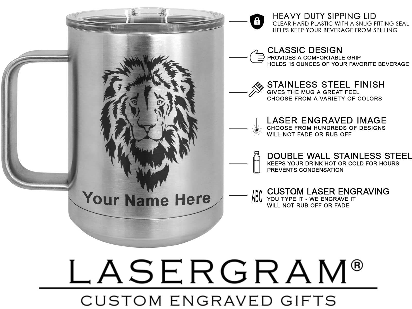 LaserGram 15oz Vacuum Insulated Stainless Steel Coffee Mug with Lion Head Design - Personalized Engraving Included | Keeps Drinks Hot/Cold for Hours | Perfect for Office, Travel, Camping & Outdoor Activities