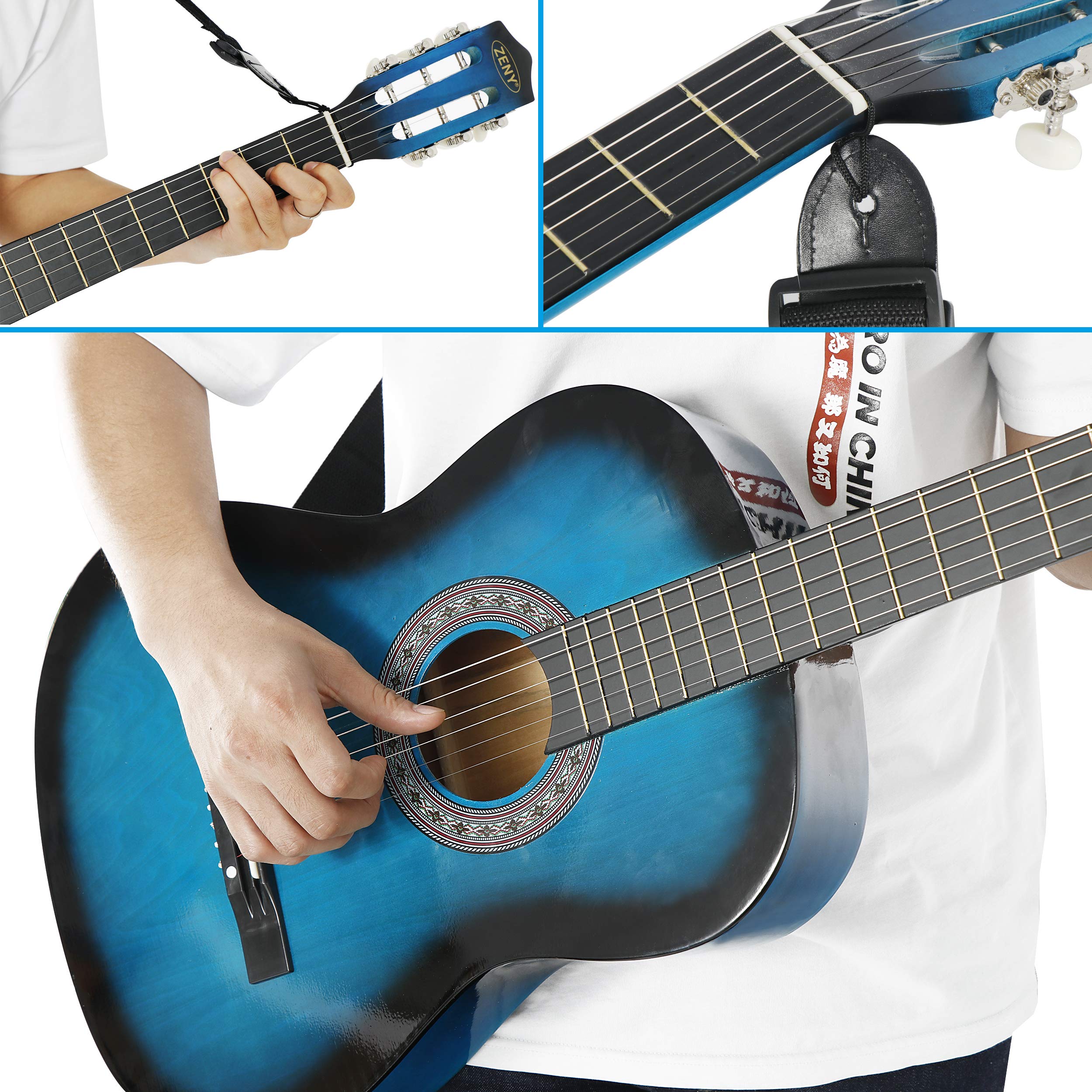 38-inch Kids Beginner Wood Acoustic Guitar Right-Handed with Pitch Pipe, Gig Bag, Extra Nylon Strings & Pick - Perfect for Kids, Girls, Boys & Beginners (Blue) - Ideal for Music Lessons, Home Practice & Gift Giving