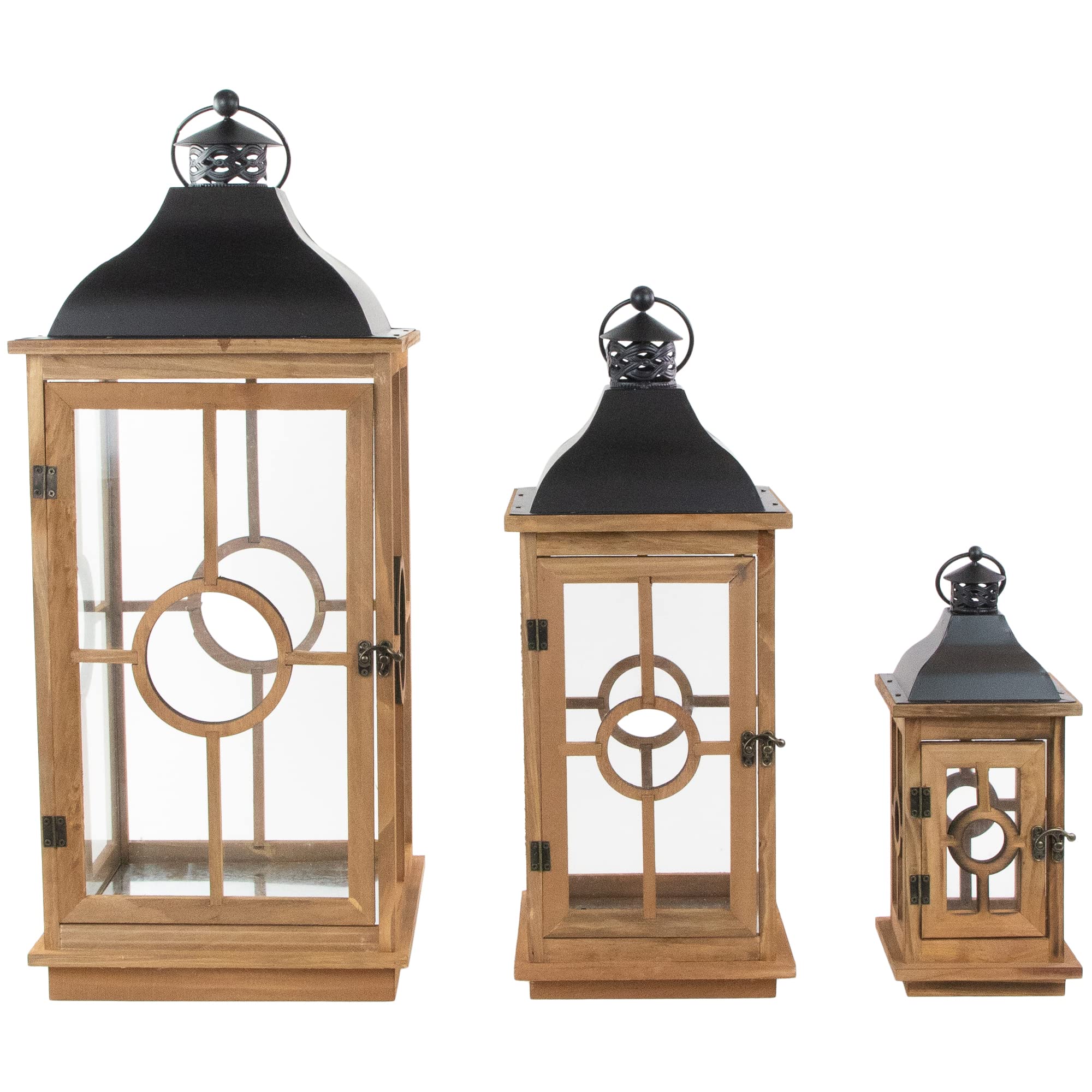 Set of 3 Natural Wood Candle Lanterns with Black Metal Tops - 26.5 Inch Rustic Brown Home Decor for Patio, Garden, Wedding & Outdoor Lighting
