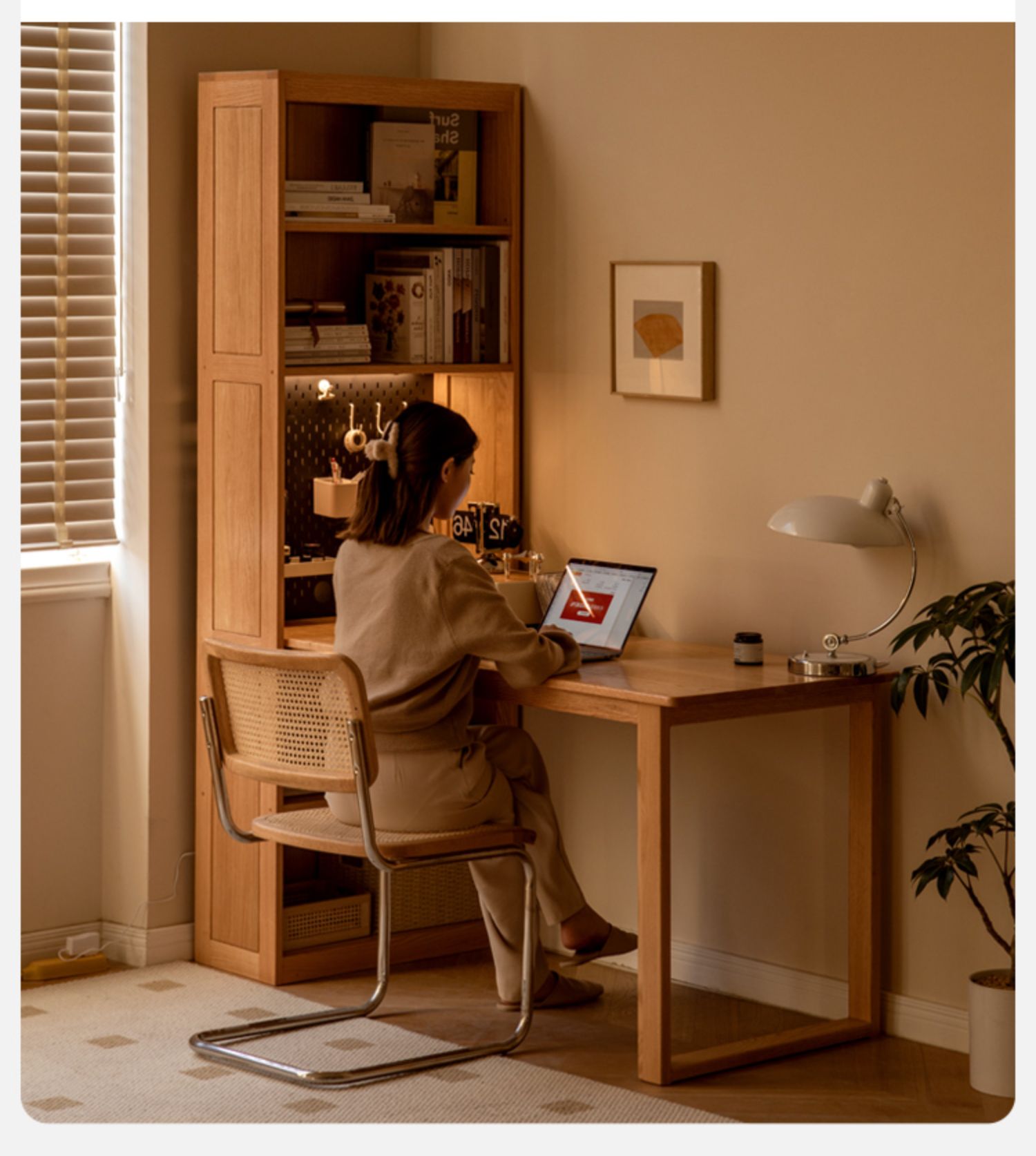 Solid Oak Wood Integrated Desk Cabinet with Storage - Modern Home Office Furniture for Work & Study