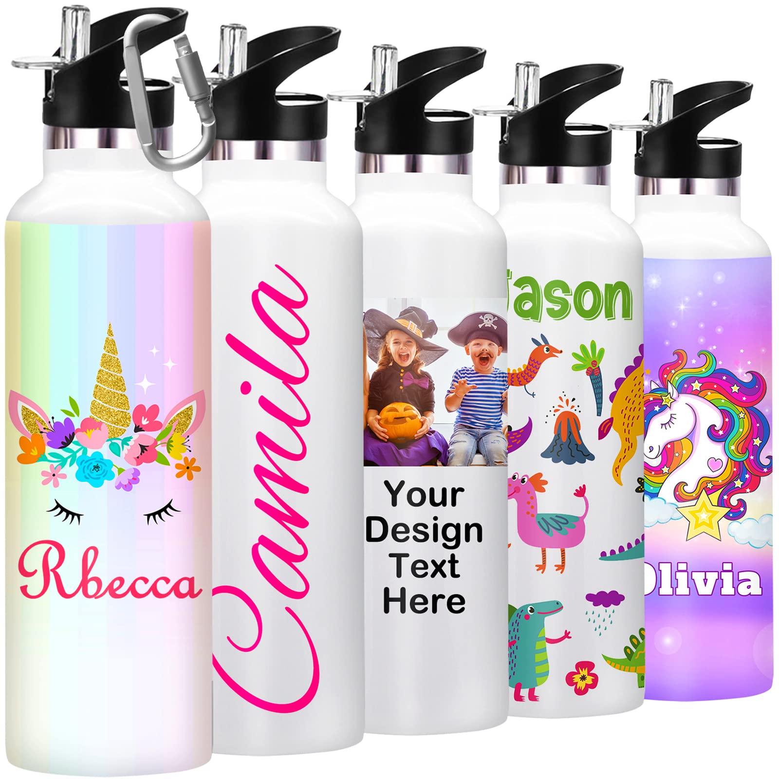 Custom Insulated Water Bottles 10-Pack with Straw - Personalized Name & Text - 26oz/12oz Bulk School Supplies - Perfect for Students, Teachers & Office Use
