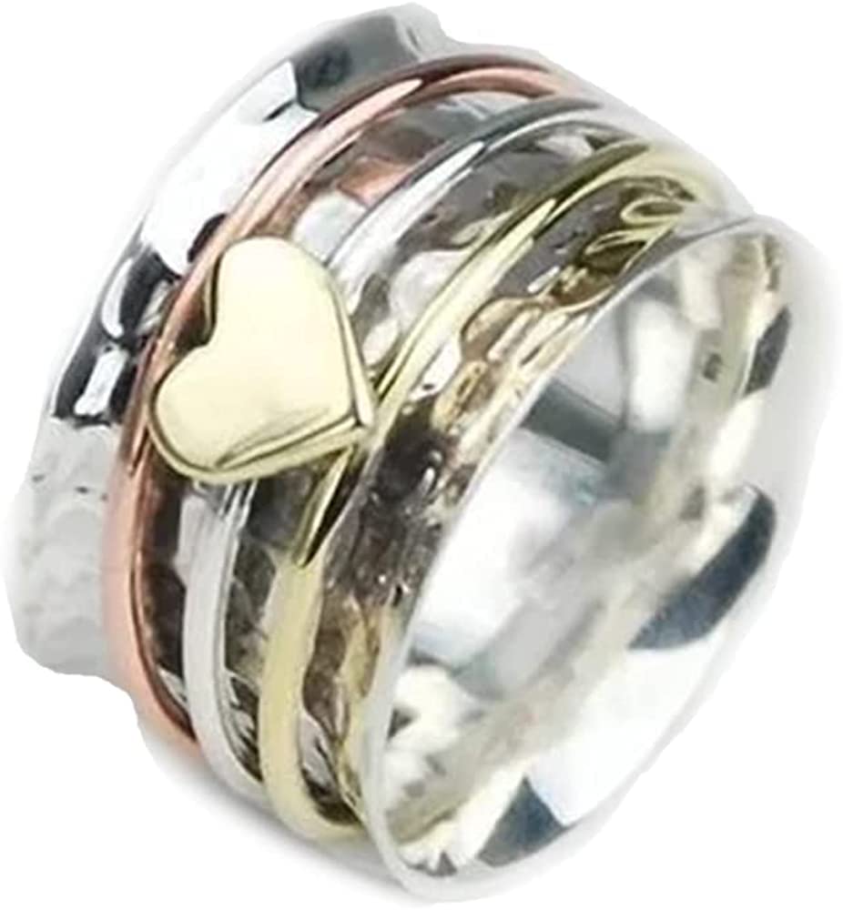 Self Love Spinner Heart Ring for Women - 925 Sterling Silver Anxiety Relief Fidget Ring, Meditation Spinner Band, Hammered Wide Band Jewelry - Perfect for Stress Relief, Mindfulness Practice & Everyday Wear