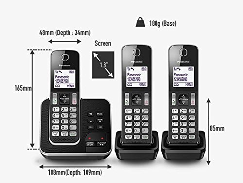 Panasonic KX-TGD323 Cordless Phone System - 3 Handsets with Call Blocking & Digital Answering Machine, Black & Silver - Ideal for Home & Office Use