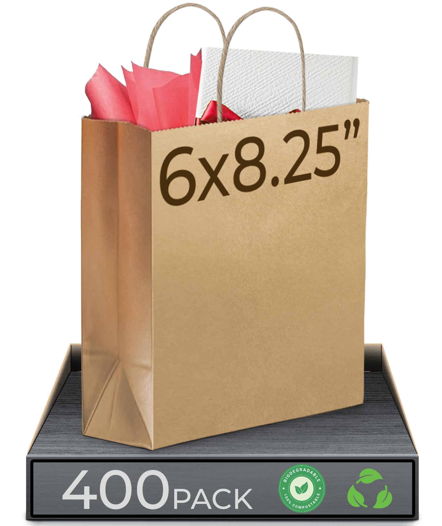 Rosmonde 400 Pack Brown Kraft Bags with Handles - Biodegradable & Heavy Duty for Retail & Gifts