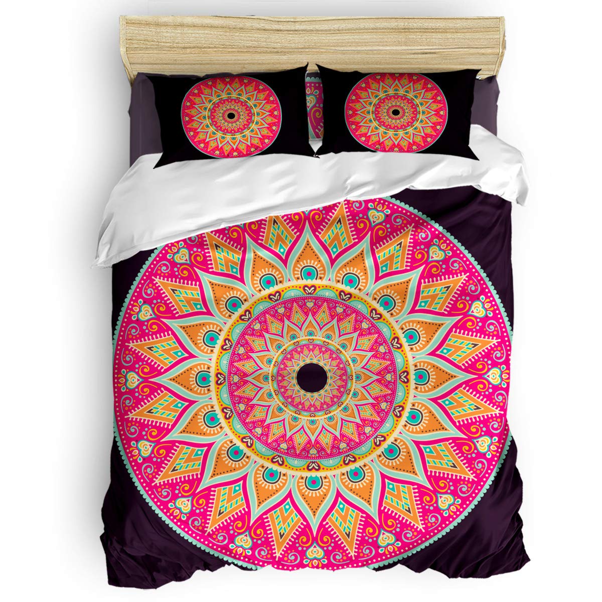Sunflower 4-Piece Full Size Duvet Cover Set - Pink Mandala Ethnic Geometric Pattern Luxury Soft Bedding (1 Duvet Cover + 1 Sheet + 2 Pillowcases) for Master Bedroom, Guest Room & Bohemian Home Decor
