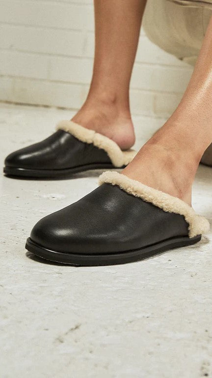 Alias Mae Ferris Slide Black Shearling Slippers - Cozy Winter Indoor/Outdoor House Shoes for Women