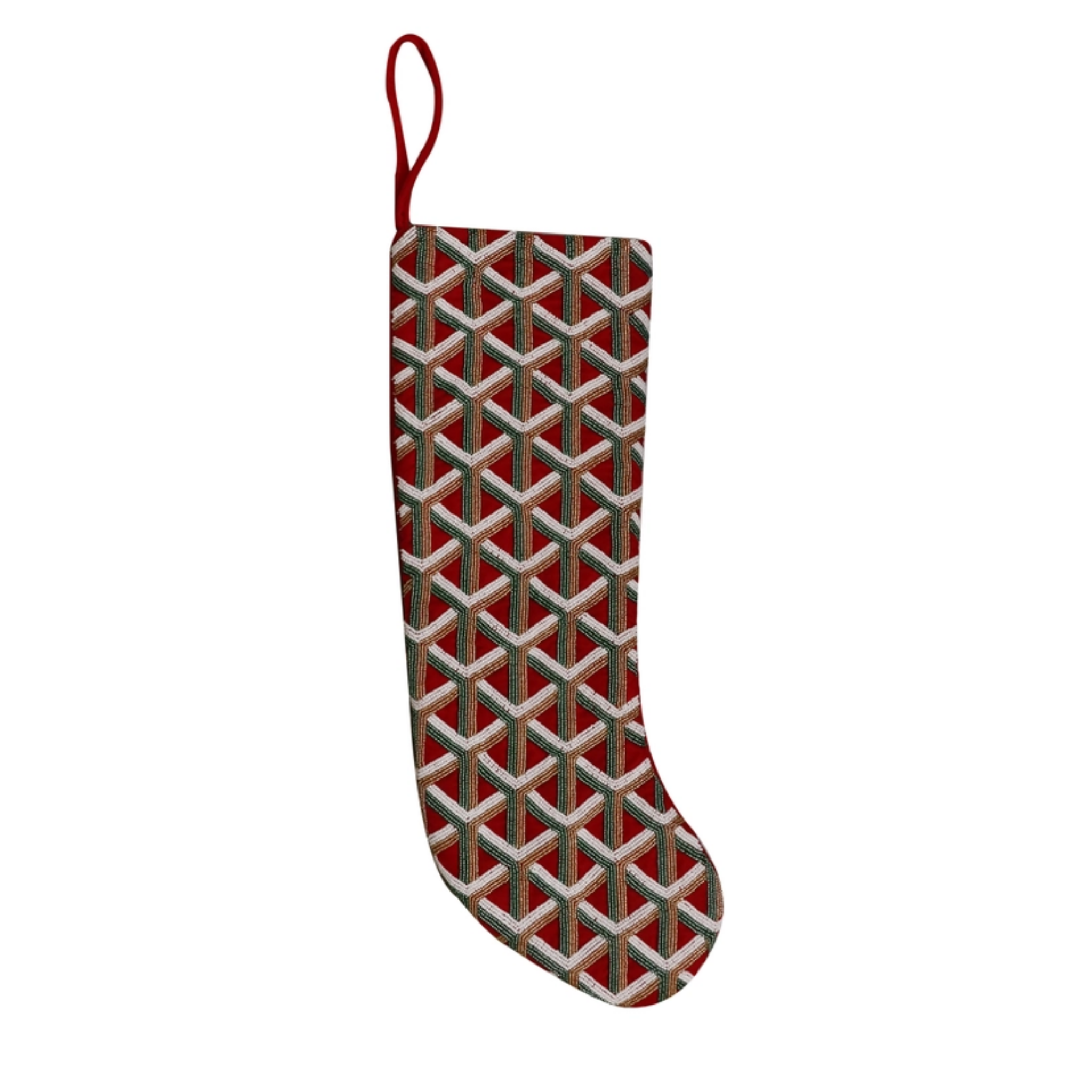 Festive Beaded Plaid Christmas Stocking - Elegant Holiday Decor for Fireplace Mantel, Tree, and Festive Home Styling