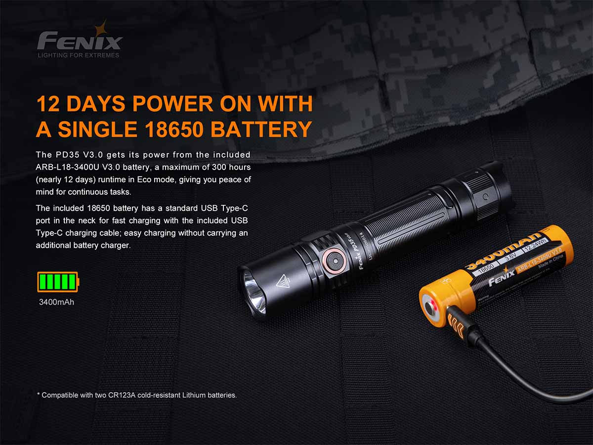 Fenix PD35 V3.0 Tactical Flashlight - 1600 Lumens, Rechargeable, Custom Engraved - Perfect for Camping, Hiking, Emergency & Outdoor Adventures