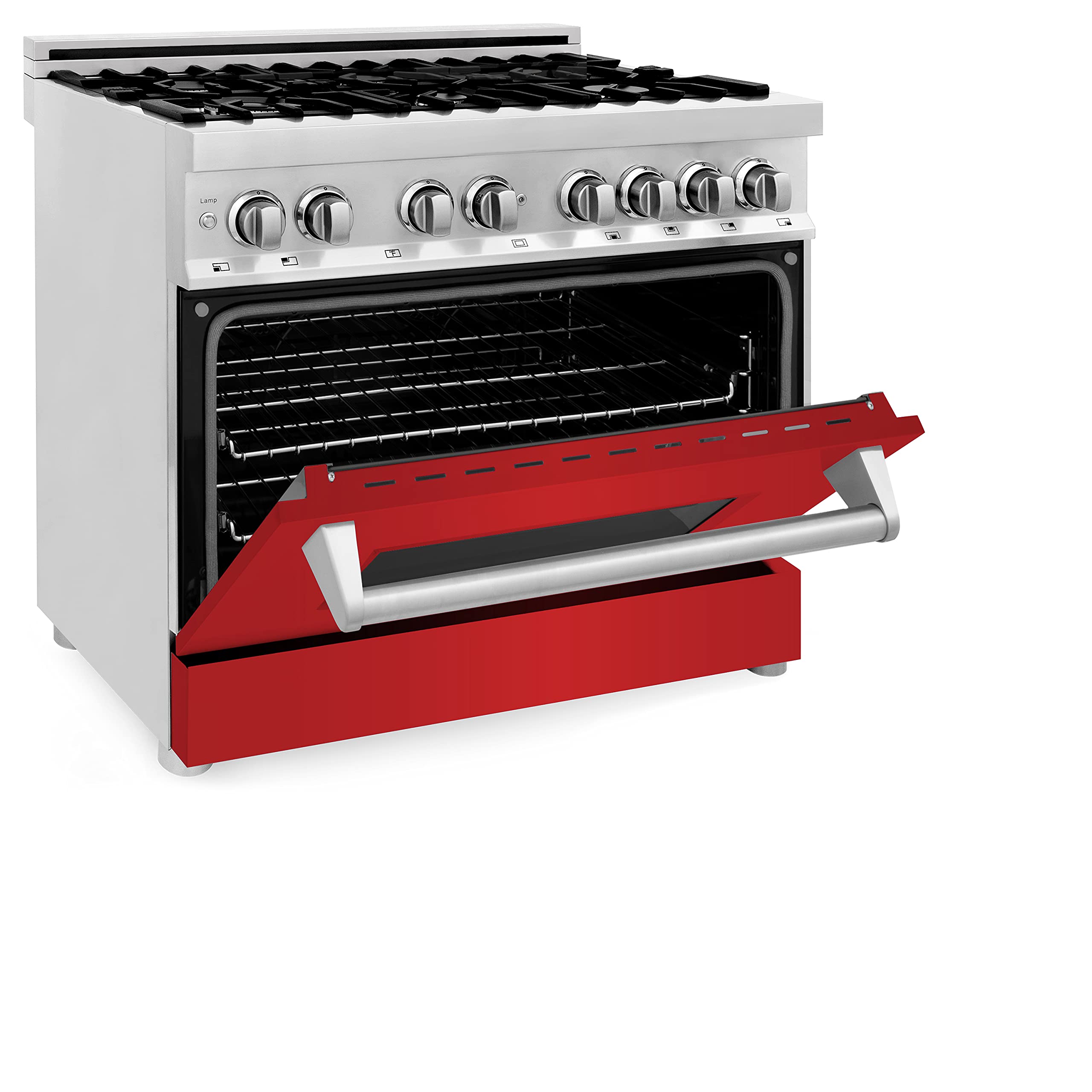 ZLINE 36-inch 4.6 cu.ft Stainless Steel Dual Fuel Range with 6-Burner Gas Cooktop & Electric Convection Oven - Red Matte Door (RA-RM-36) | Perfect for Professional Home Kitchens & Modern Cooking Enthusiasts