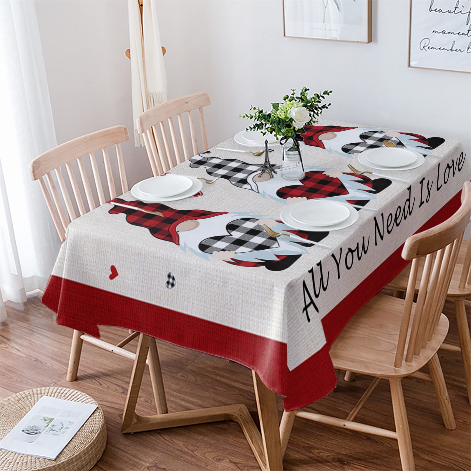 Valentine Gnomes Waterproof Tablecloth 60x84 Inches - Rectangle Burlap Table Cover for Outdoor Dining, Kitchen Decor & Romantic Backdrop | Perfect for Valentine's Day Parties, Picnics & Home Decor