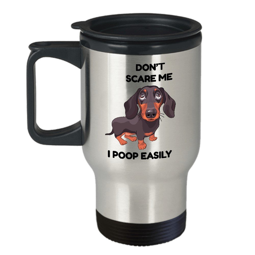 Funny Dachshund Travel Mug - 14oz Insulated Coffee Cup with Handle & Lid for Wiener Dog Lovers - Cute Dachshund Gift for Men & Women - Perfect for Office, Commuting & Dog Park Outings