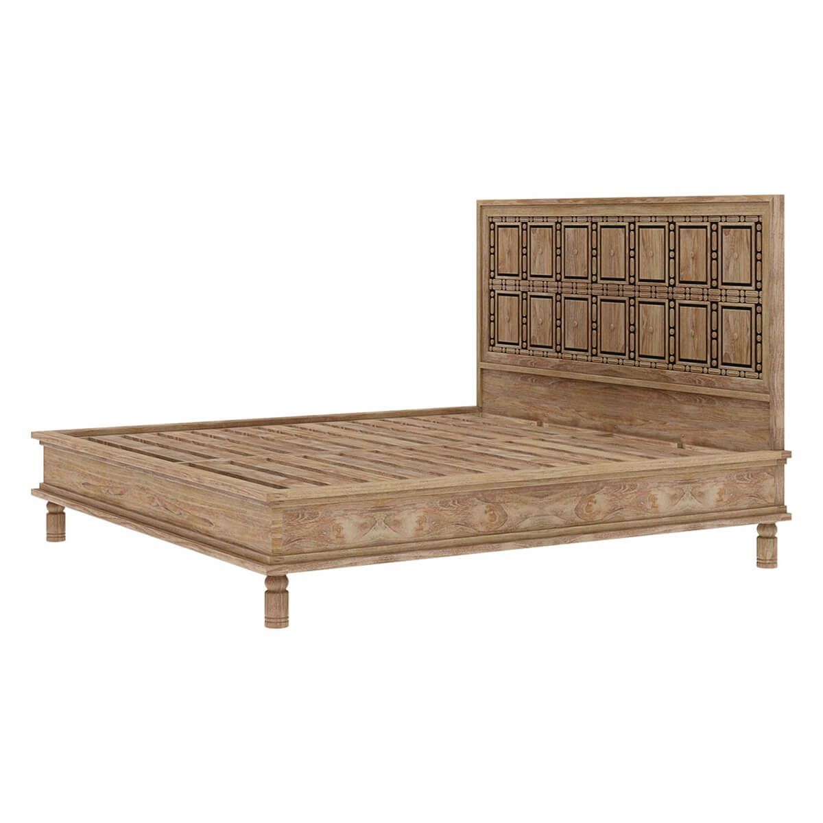 Hand Carved Solid Wood Traditional Platform Bed with Headboard - Queen Size Wooden Bed Frame for Master Bedroom, Guest Room & Modern Home Decor