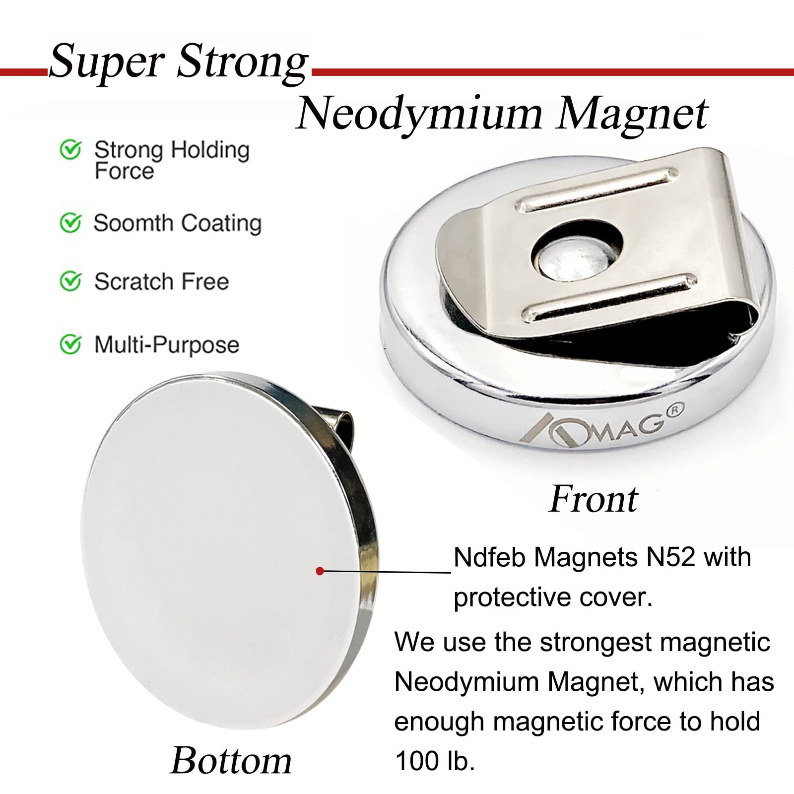 AOMAG 100 lbs Super Strong Neodymium Magnets Belt Clip - 2 Inch Diameter Magnetic Waist Tool Holder for Construction, DIY & Outdoor Work