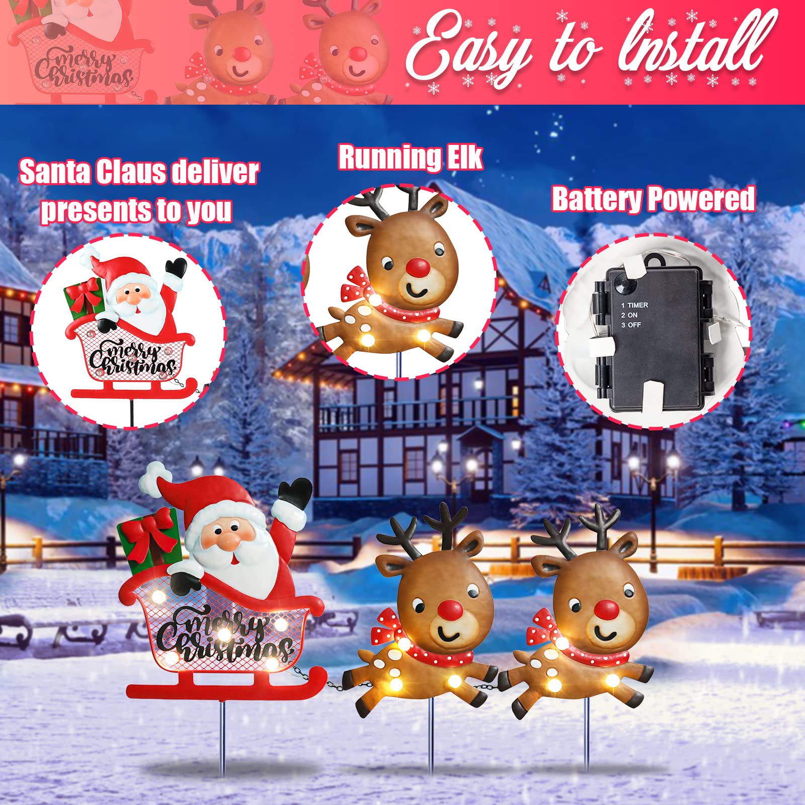 Wonder Solar Christmas Yard Signs Stakes - Santa's Reindeer LED Lighted Outdoor Decor for Garden, Patio, Lawn | Weatherproof Holiday Decoration for Christmas, Xmas Party & Winter Festivities